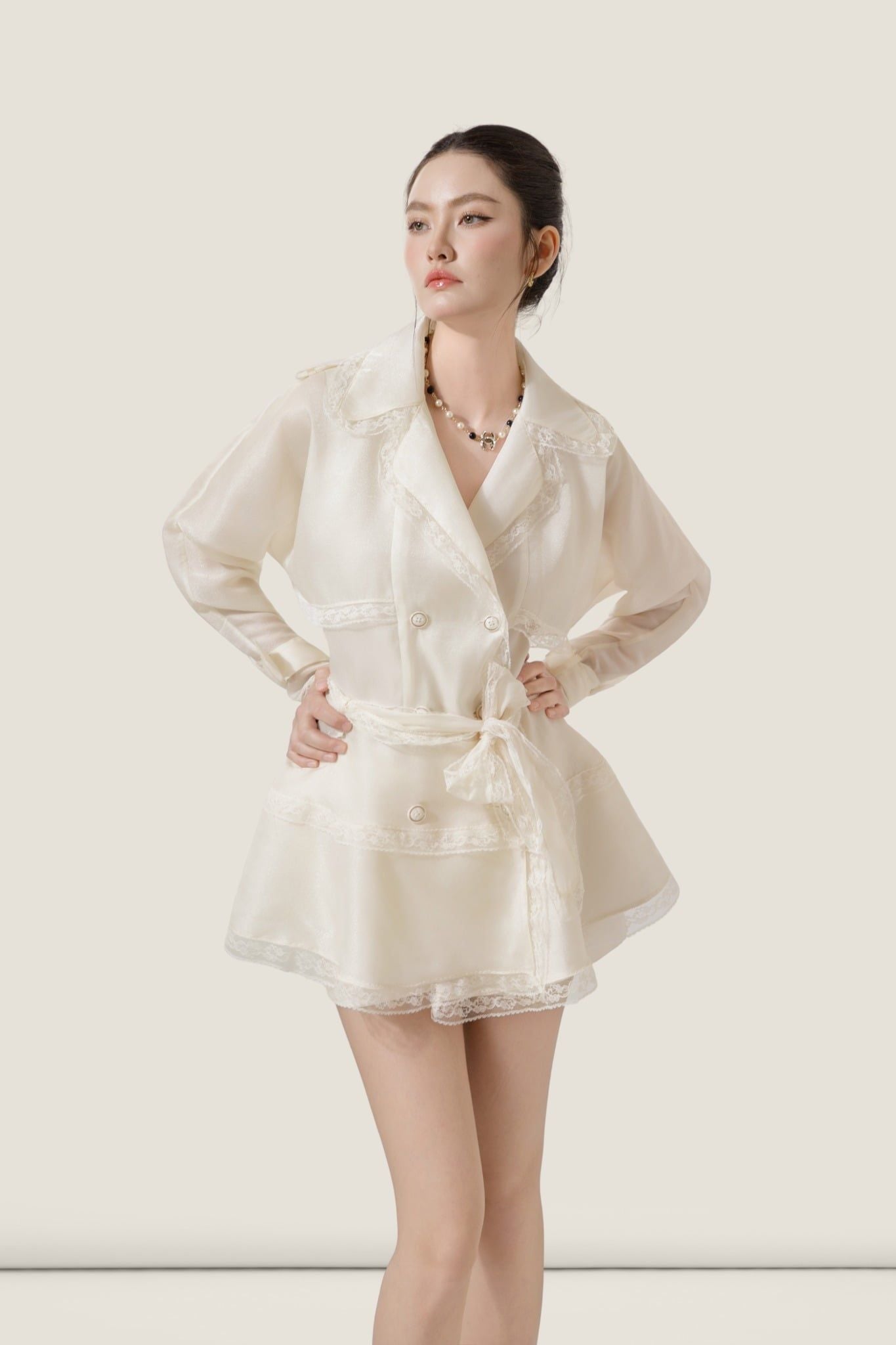  Wrap White Chiffon Lace-Trim Blazer Dress – K CLOSET 26 