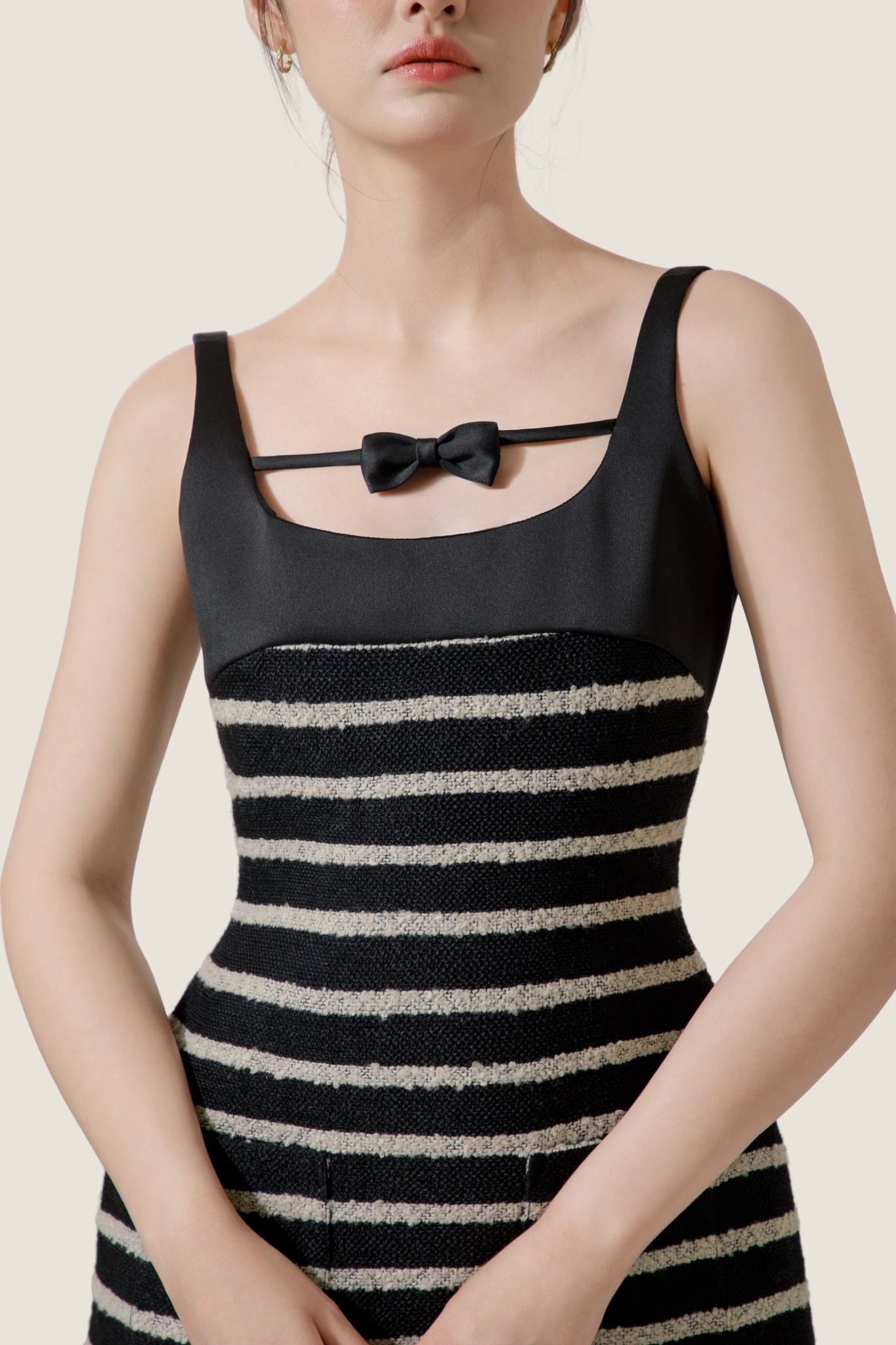  Black & White Striped Bow Detail Square Neck Sleeveless Tweed Mini Dress -  K CLOSET CRUISE 2026 