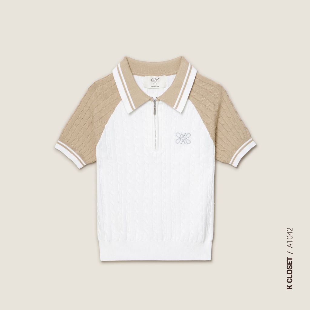  K Closet Zip Polo Knit Top with Raglan Sleeves 