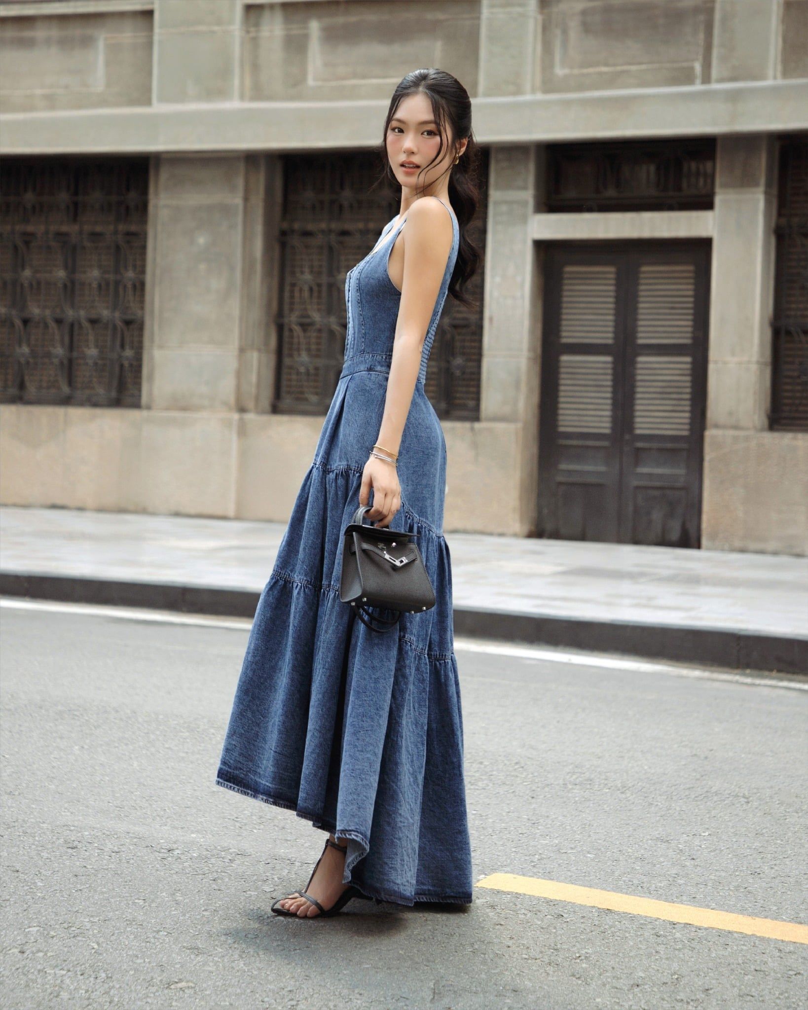  K Closet Sleeveless Tiered Denim Midi Dress 