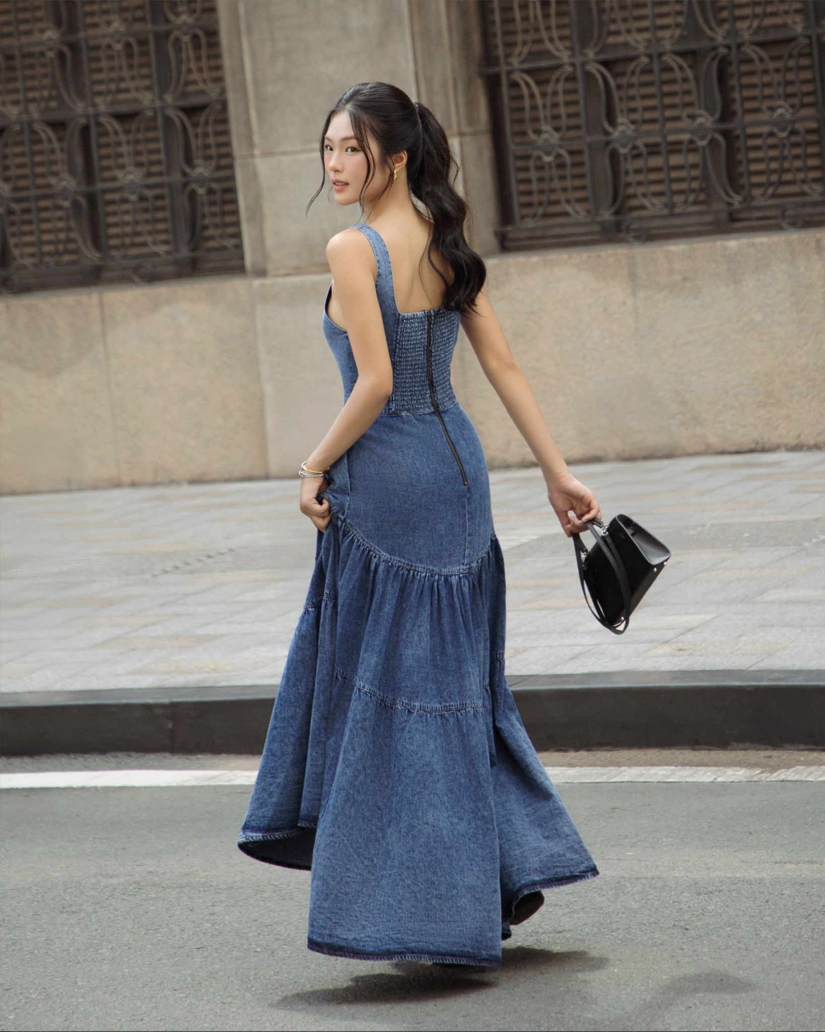 K Closet Sleeveless Tiered Denim Midi Dress 