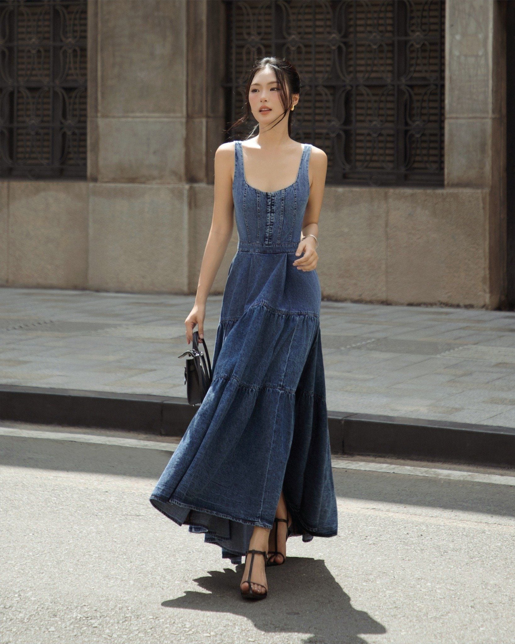  K Closet Sleeveless Tiered Denim Midi Dress 