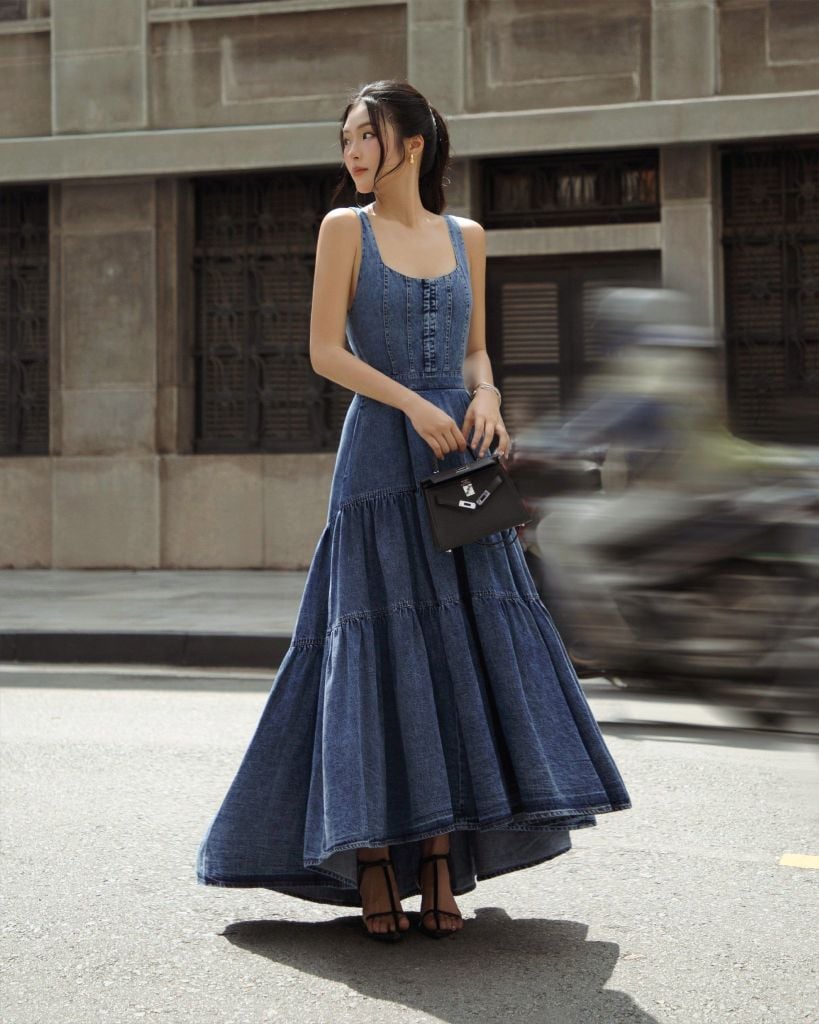  K Closet Sleeveless Tiered Denim Midi Dress 
