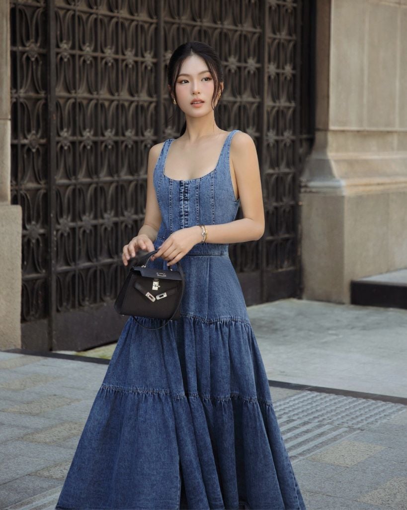  K Closet Sleeveless Tiered Denim Midi Dress 