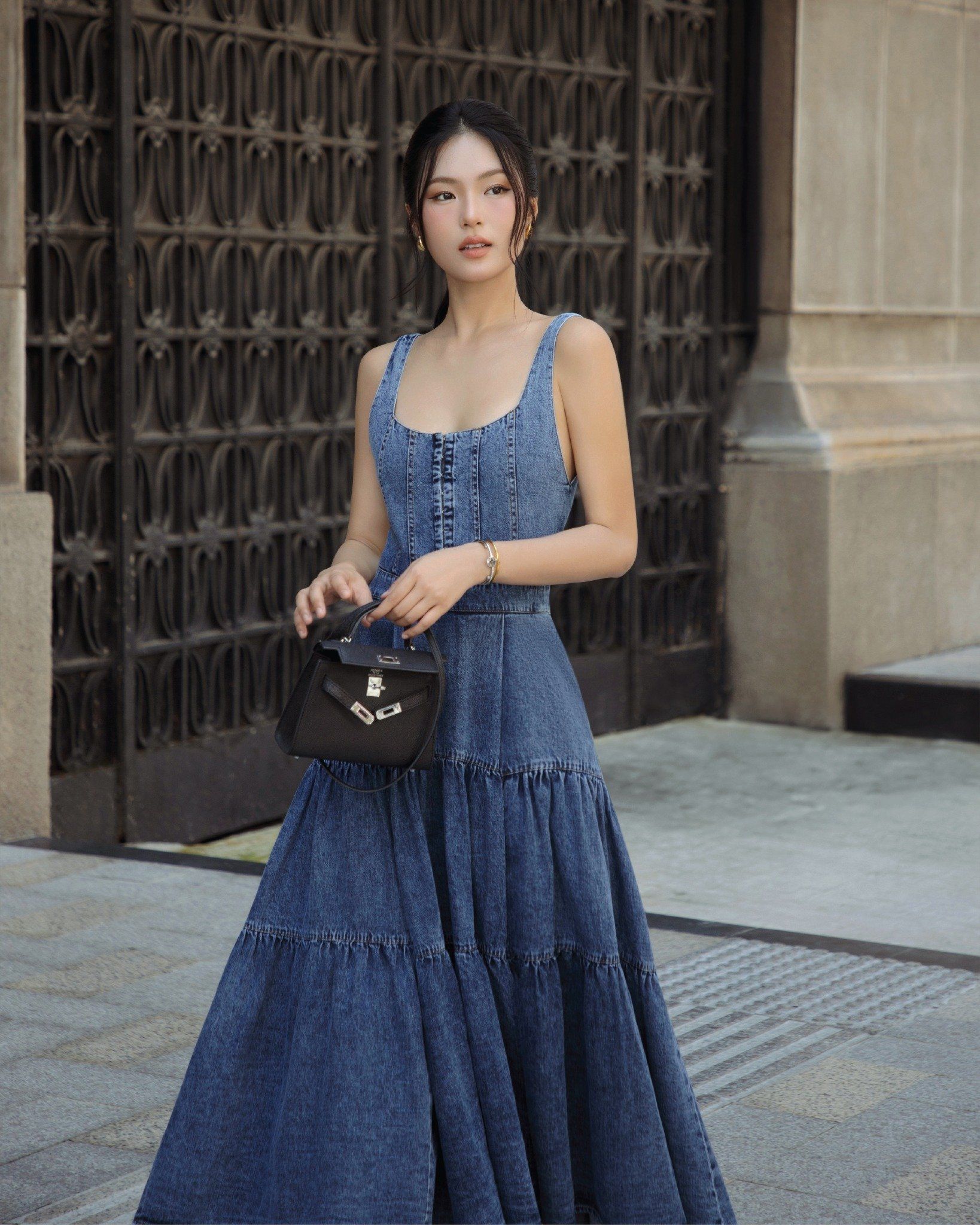 K Closet Sleeveless Tiered Denim Midi Dress 