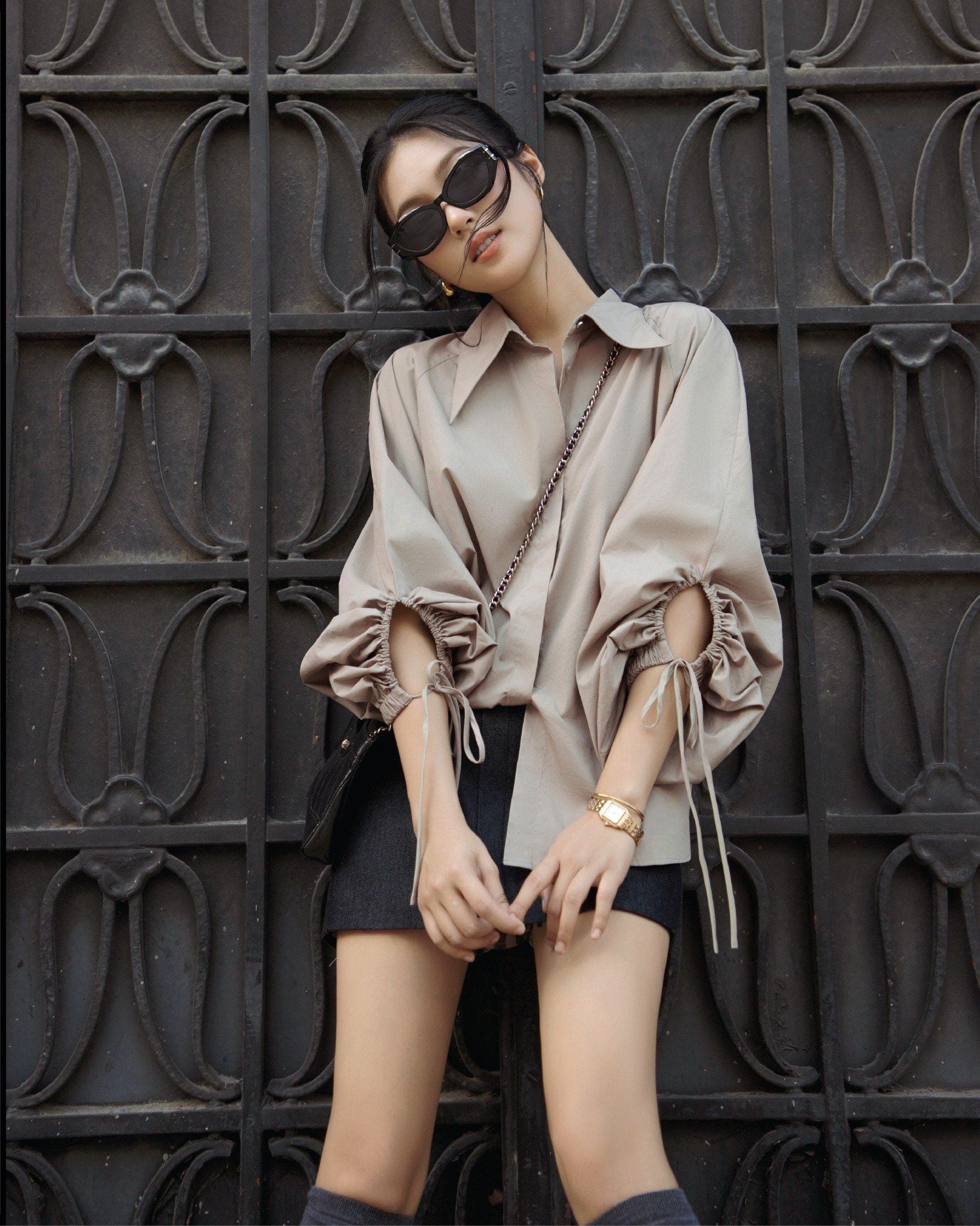  K Closet Elegant Long Sleeve Shirt with Drawstring Sleeves 