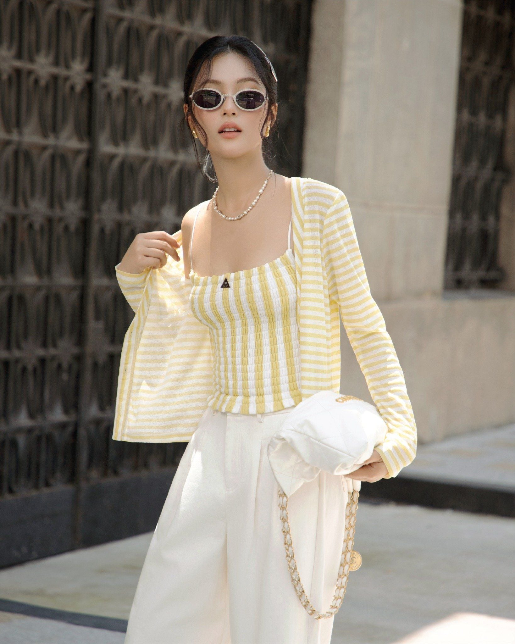  K Closet Set 2 Pieces Striped Smocked Top with Cardigan 