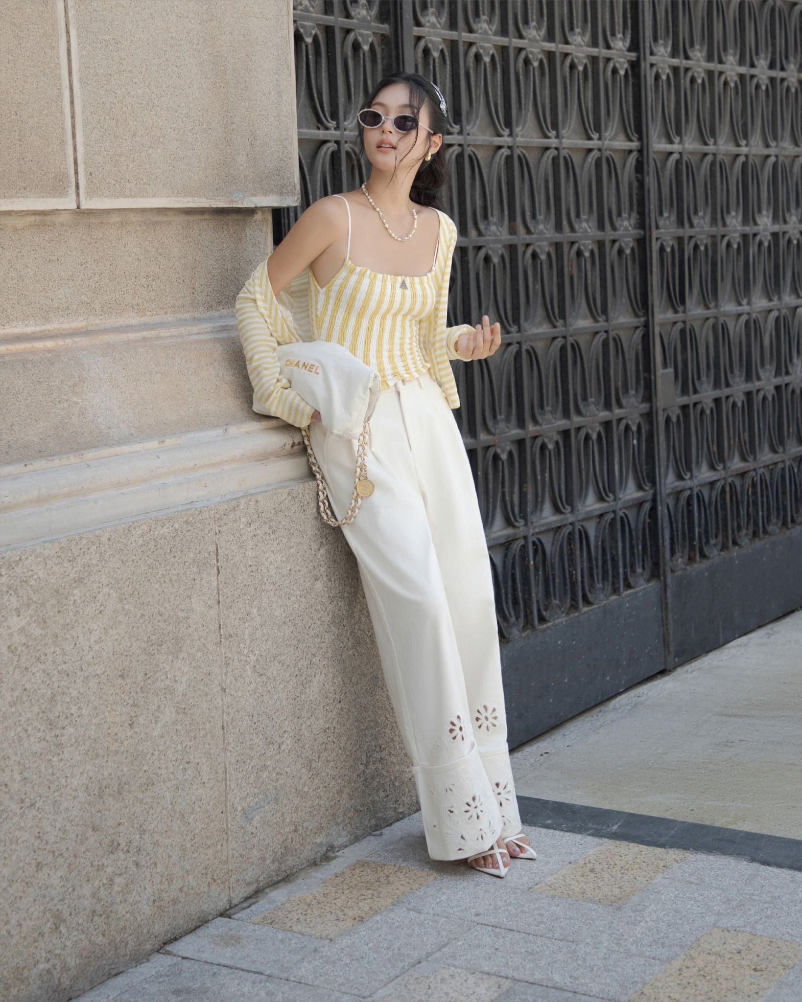  K Closet Wide Leg Pants with Floral Embroidery 