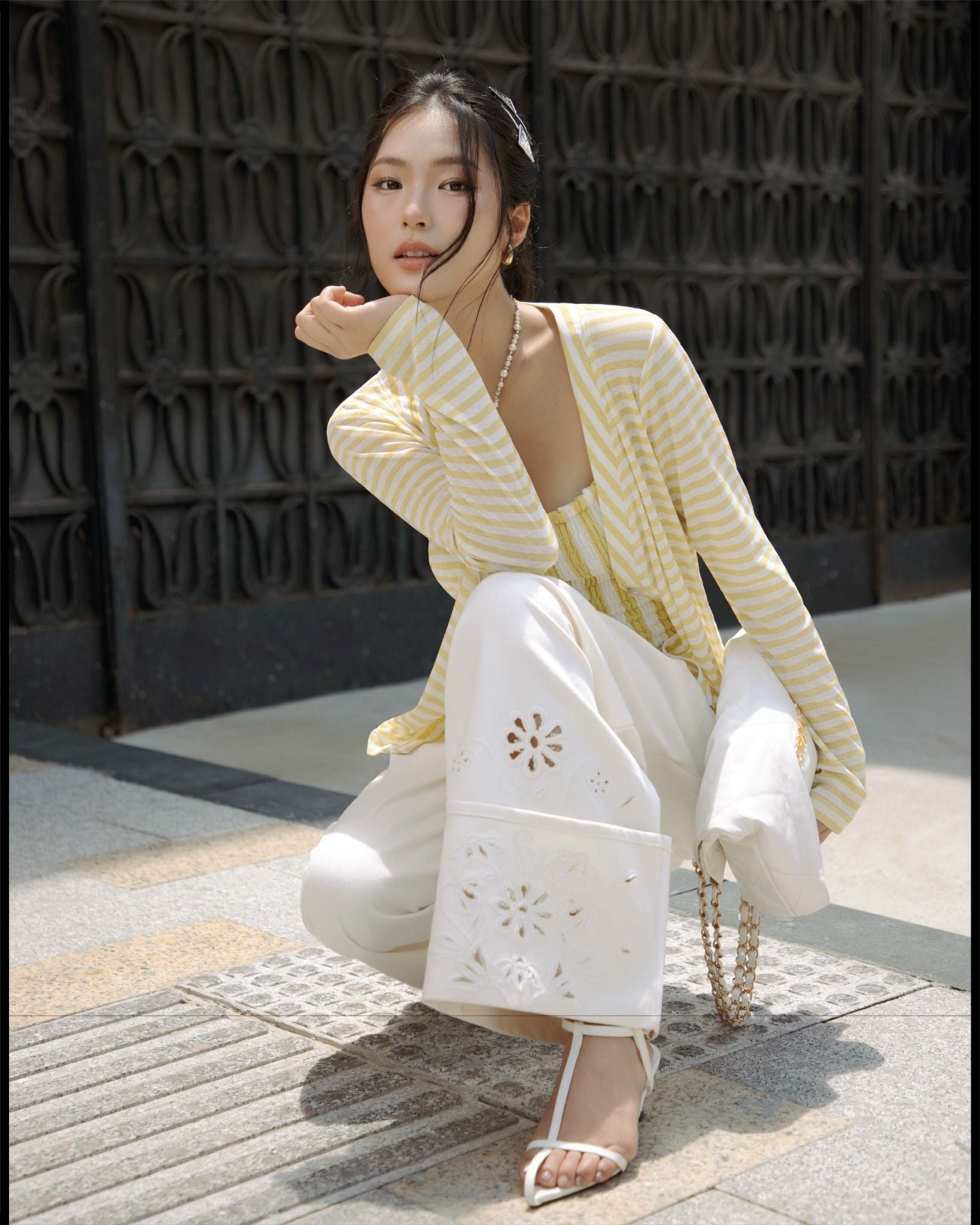  K Closet Wide Leg Pants with Floral Embroidery 