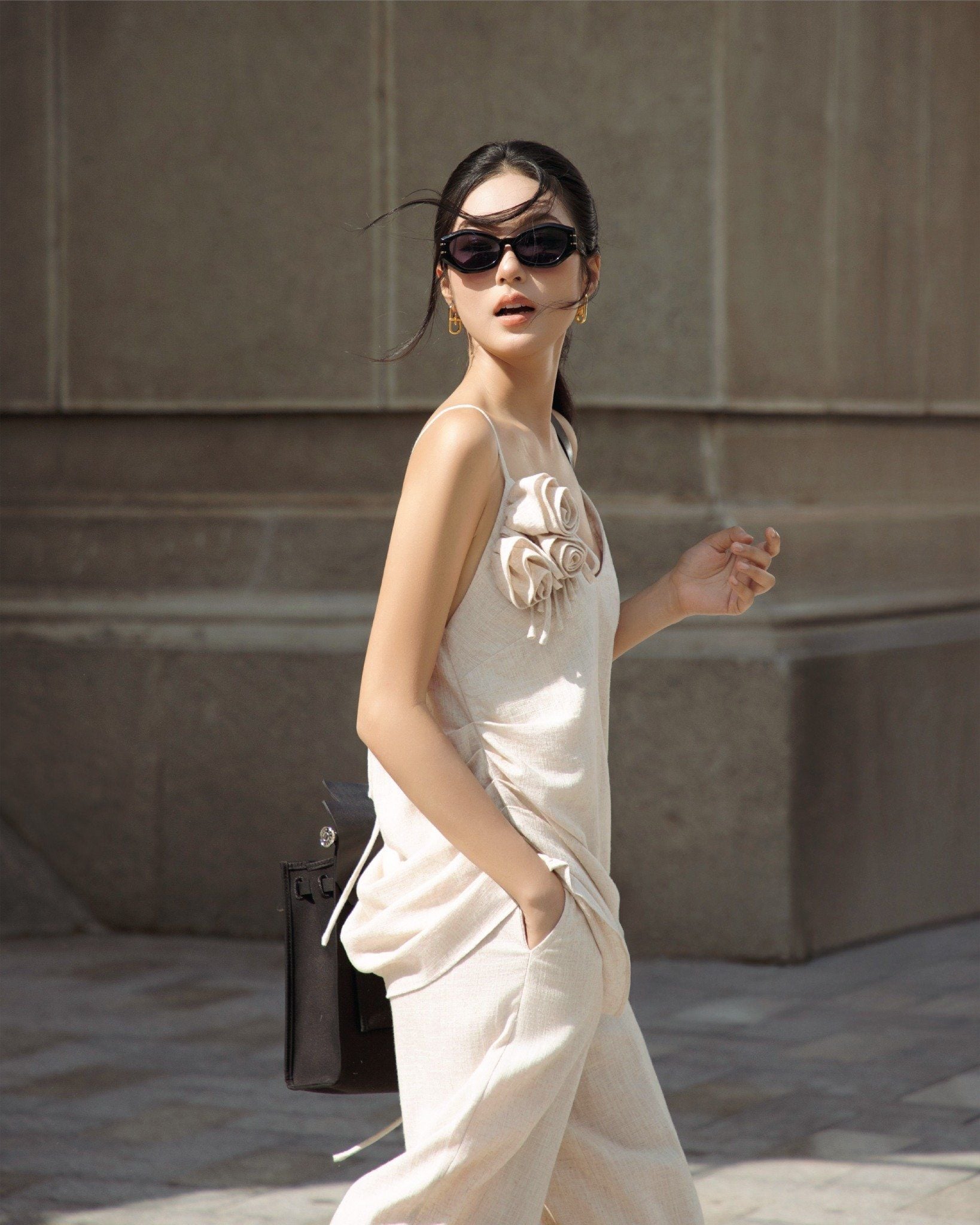  K Closet Set 2 Pieces Spaghetti Strap Top with 3D Flower - Wide Leg Pants 