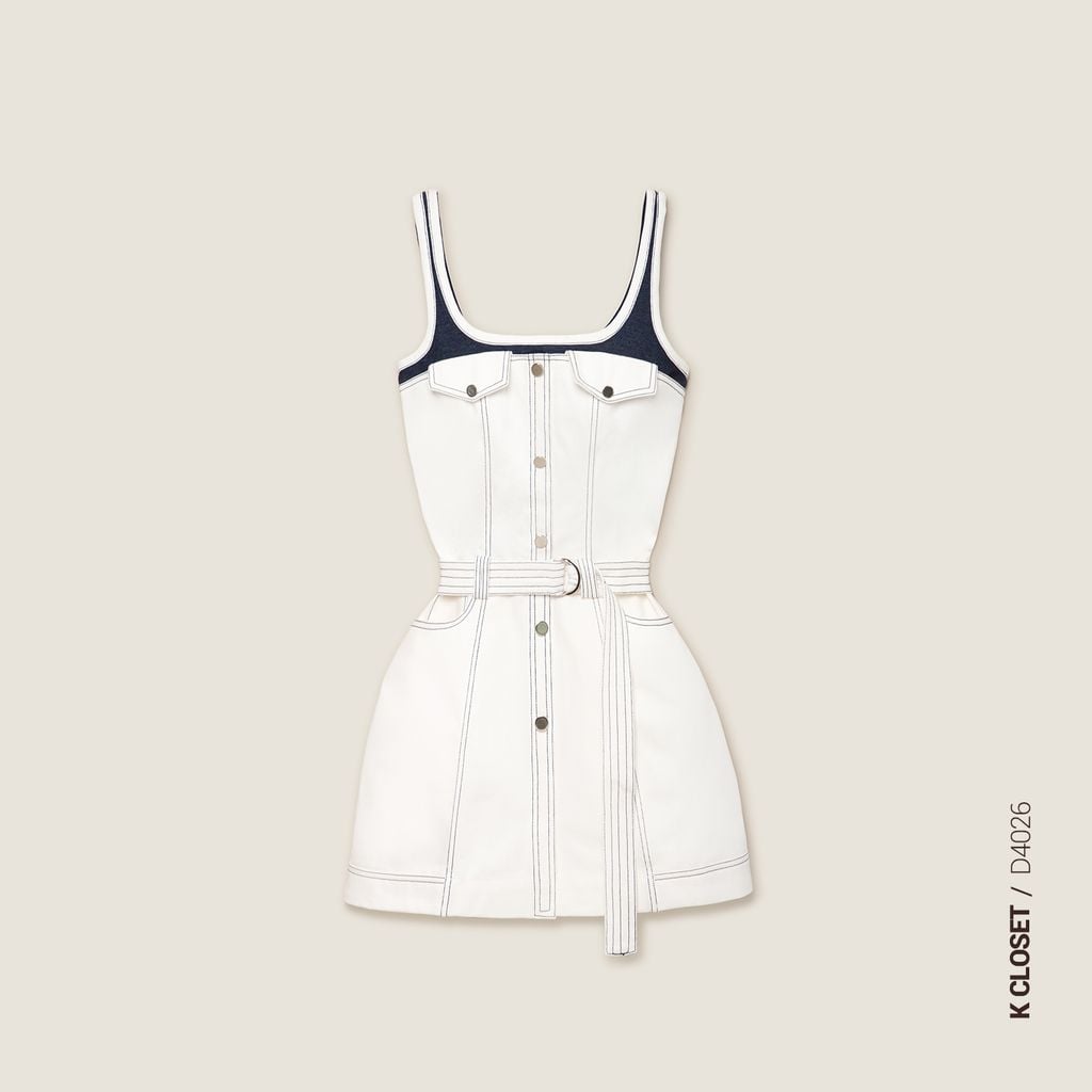  K Closet White Denim Mini Dress with Contrast-Color Trim 
