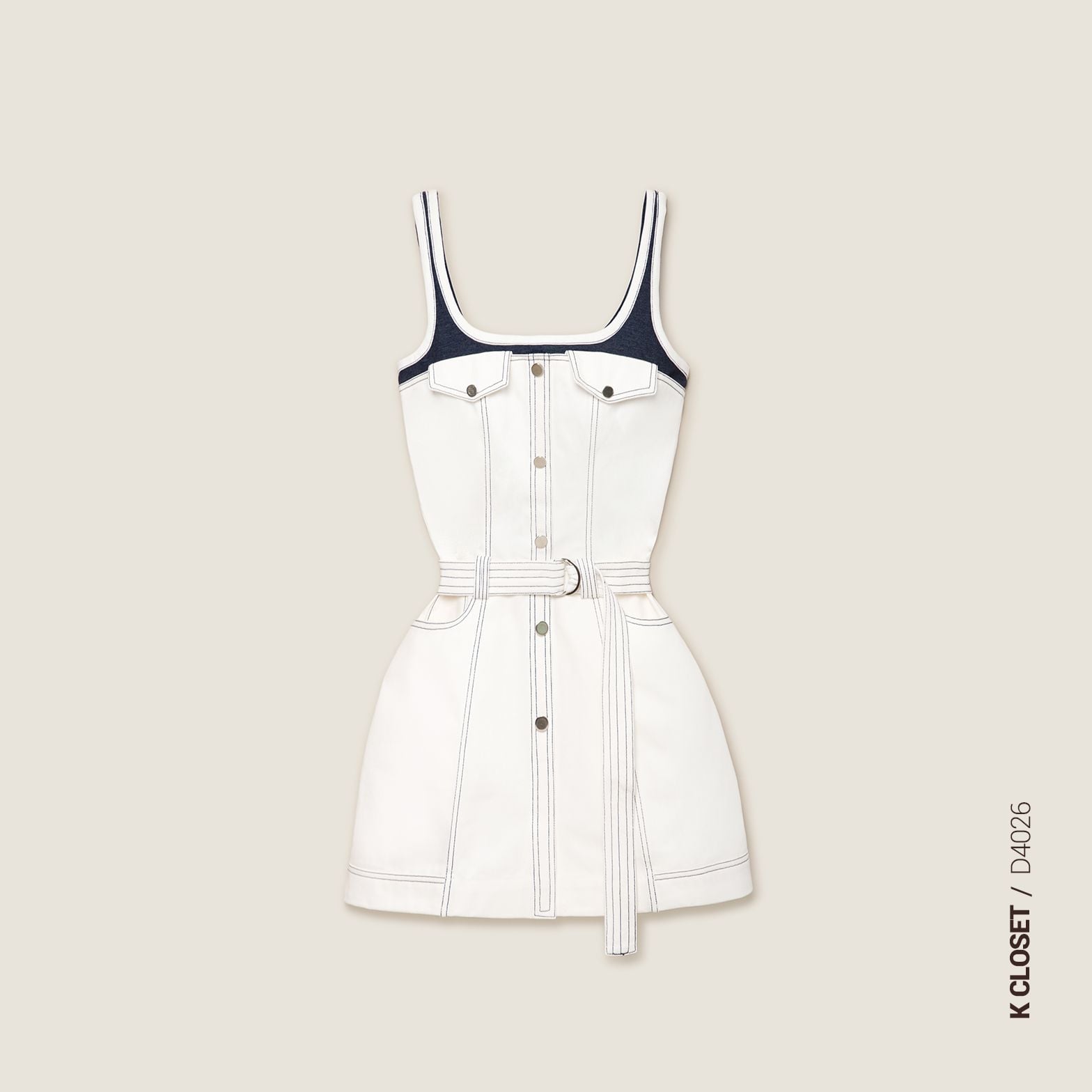  K Closet White Denim Mini Dress with Contrast-Color Trim 