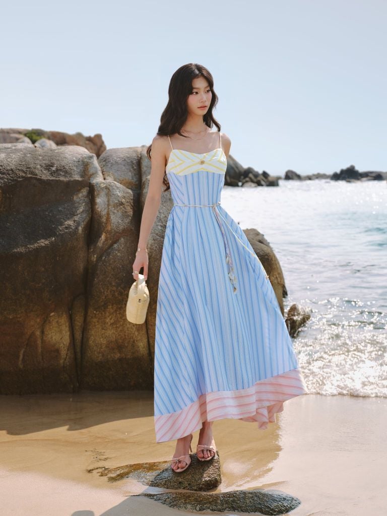  Cami Multi-Color Silk Striped Maxi Dress / Đầm Hai Dây Phối Ba Màu Chất Tơ Kiểu Dáng Maxi 