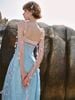 Cami Blue Pink Floral Jacquard Maxi Dress/ Đầm dây Maxi màu xanh phối hồng vàng chất tơ dáng ngắn 