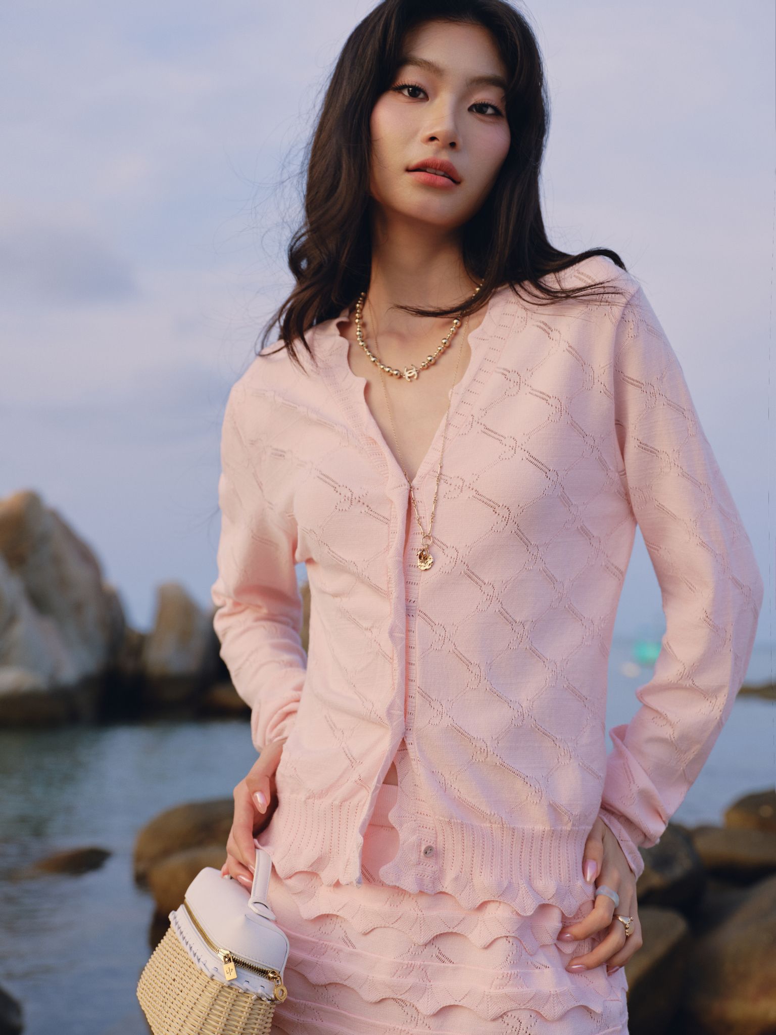  Fitted Pink Knit Cardigan Mini Skirt Set – K CLOSET 