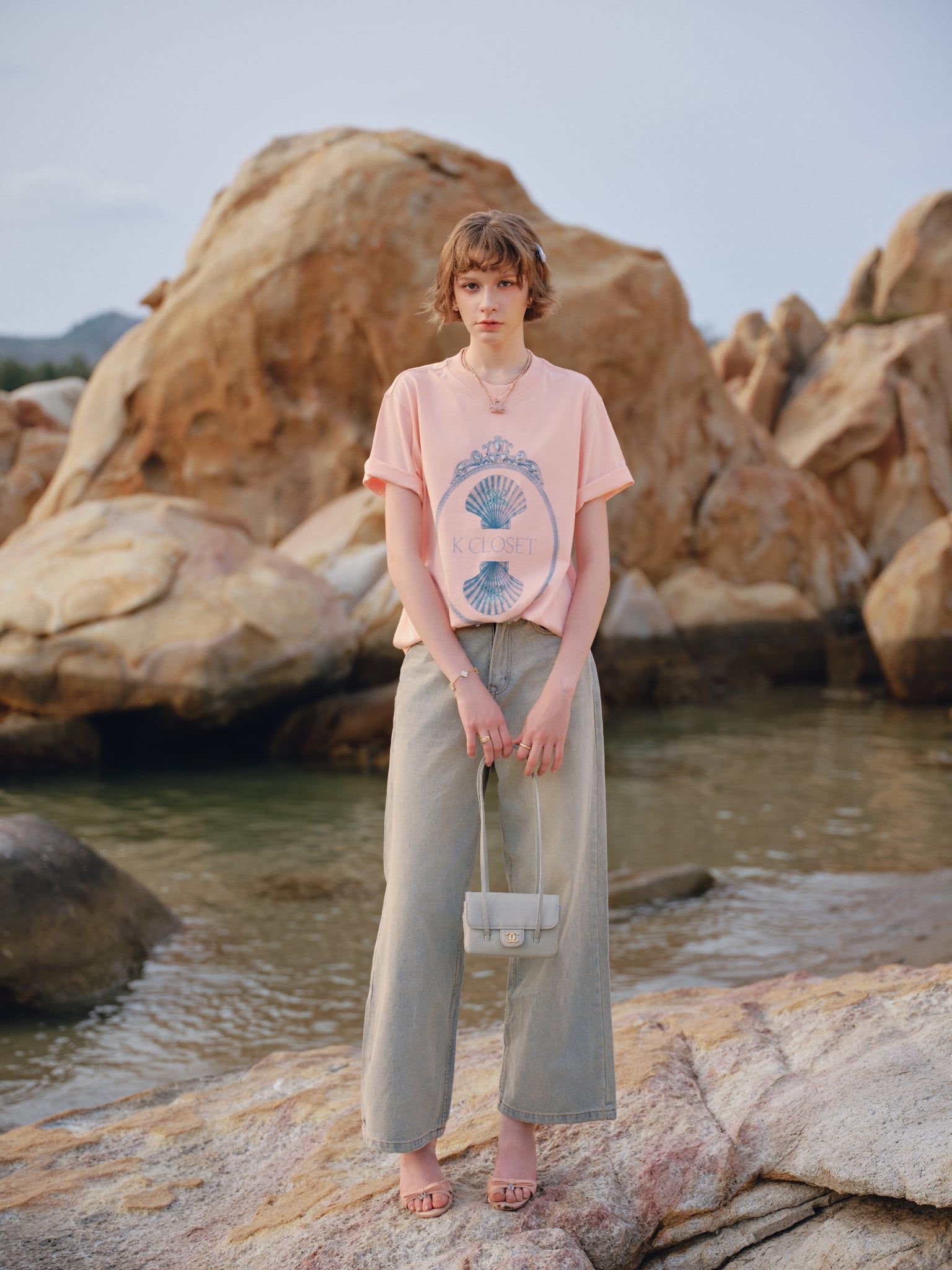  Short Sleeve Pink Cotton Seashell Print T-shirt 
