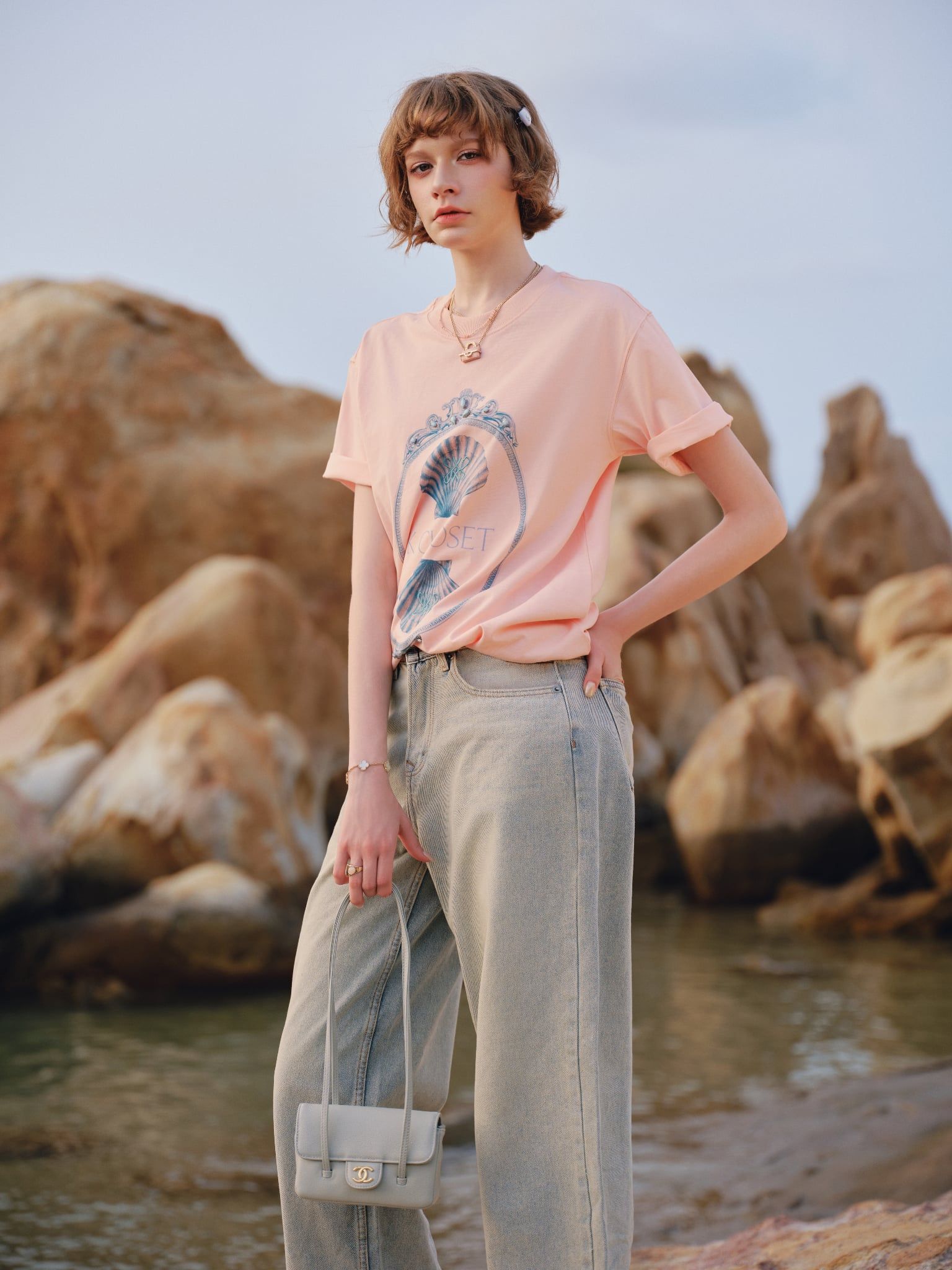  Short Sleeve Pink Cotton Seashell Print T-shirt 