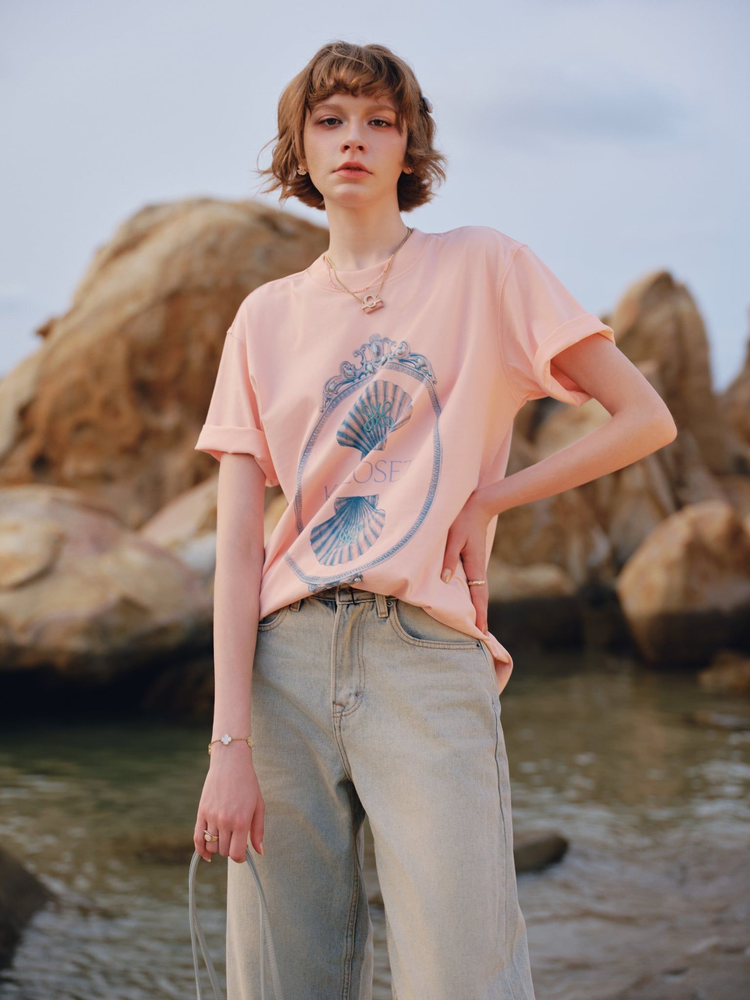  Short Sleeve Pink Cotton Seashell Print T-shirt 