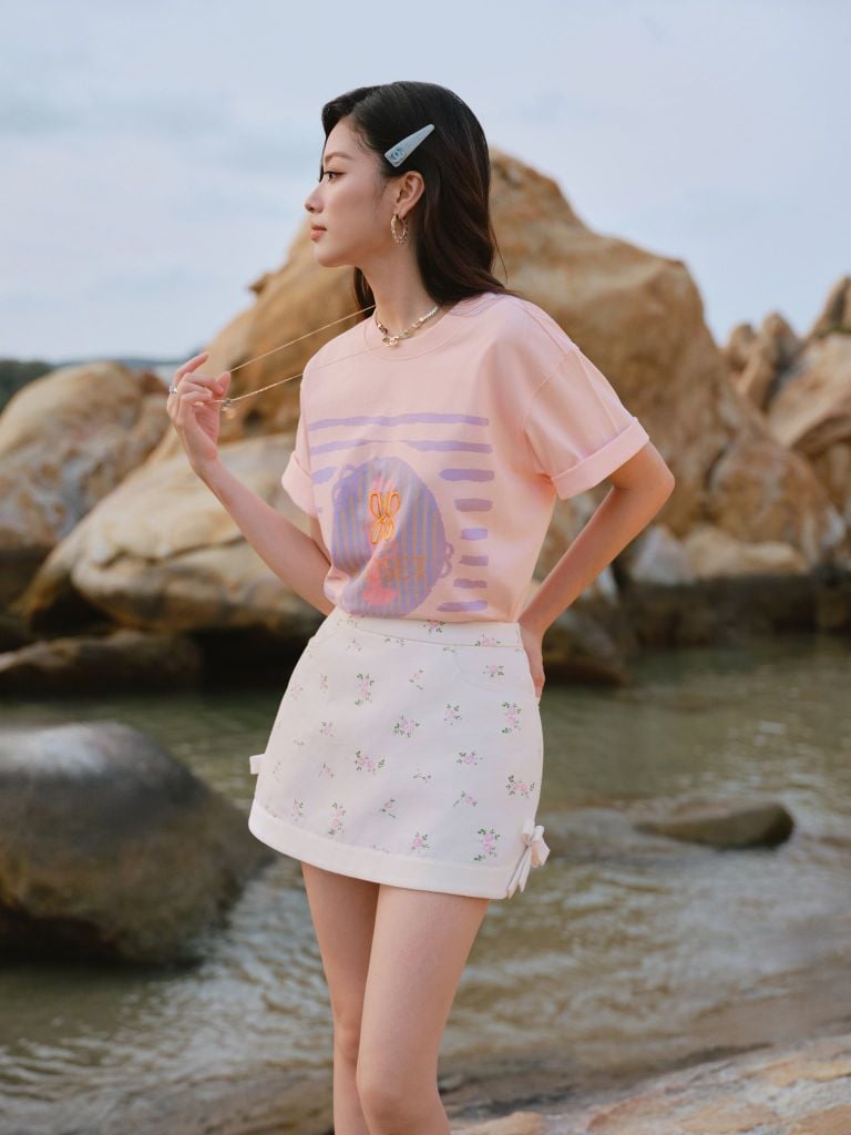  Short Sleeve Pink Cotton Oceanic Print T-shirt 