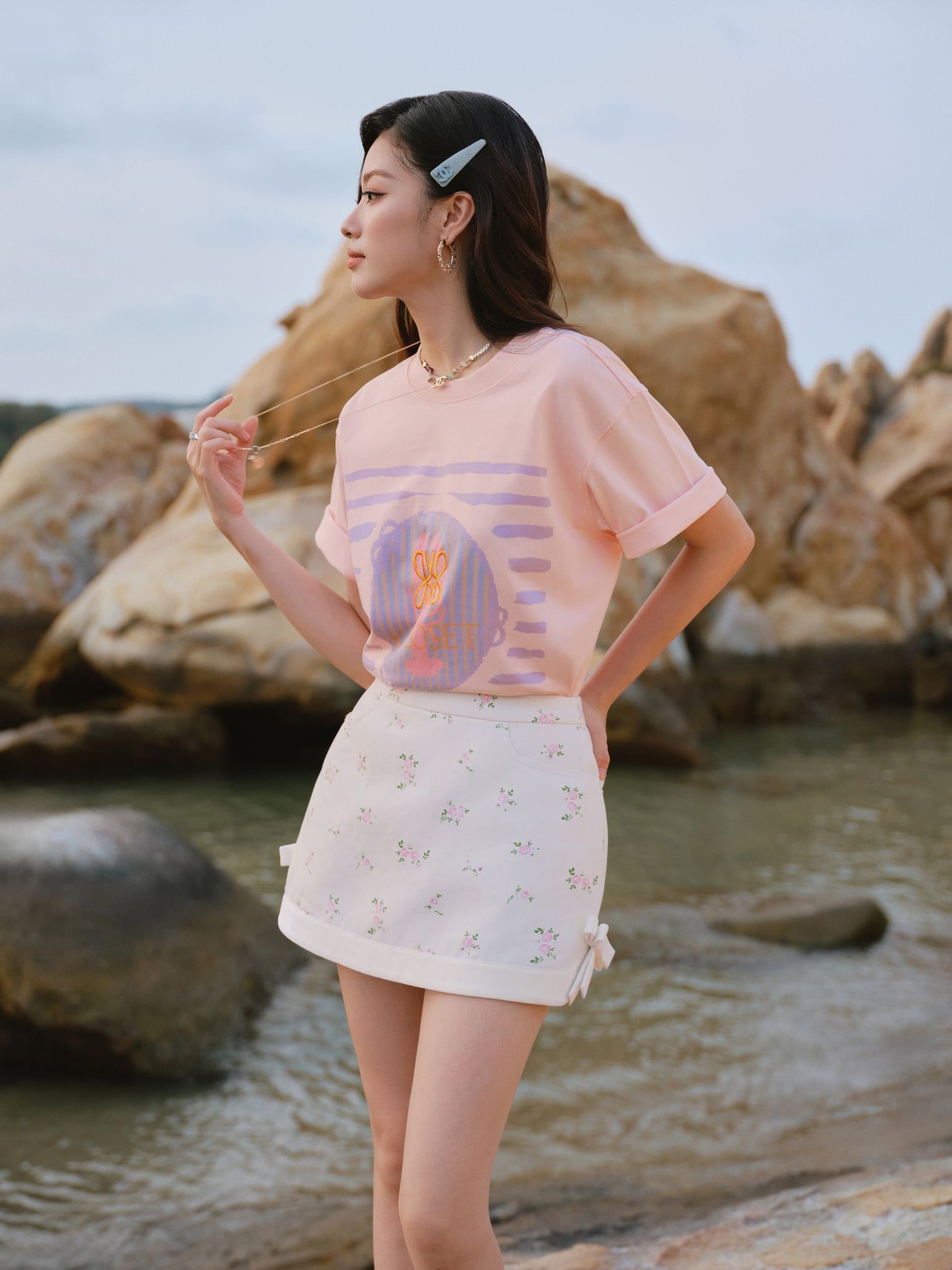 Short Sleeve Pink Cotton Oceanic Print T-shirt 