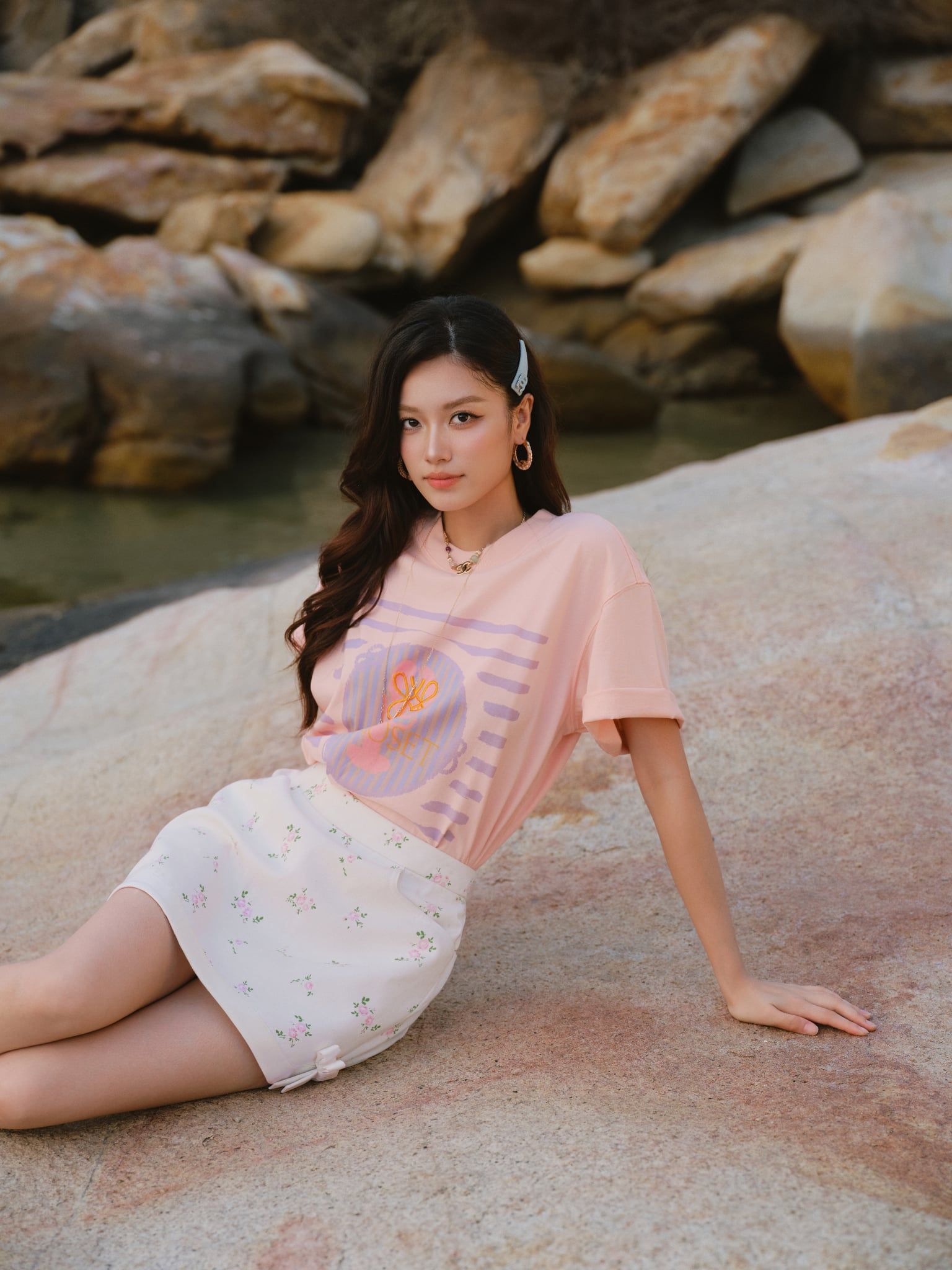  Short Sleeve Pink Cotton Oceanic Print T-shirt 
