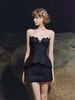  Strapless Denim Seashell Mini Dress / Đầm Ngắn Màu Xanh Đậm Chất Denim Kiểu Cúp Ngực 