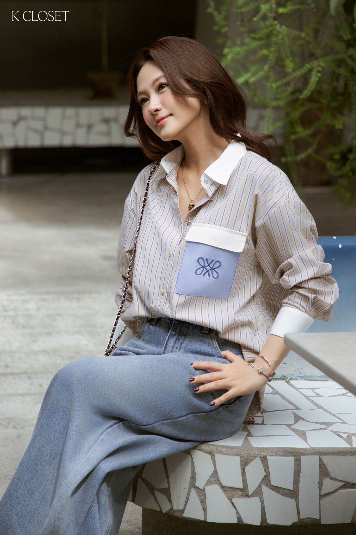  K Closet Long Sleeve Striped Shirt with Light Blue Pocket 