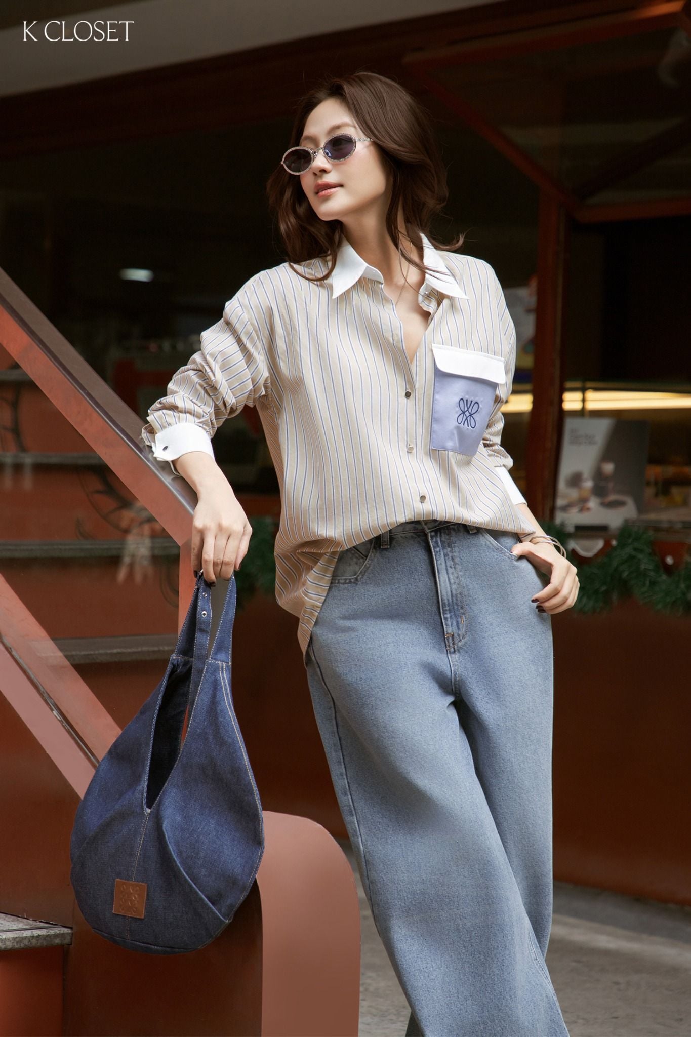  K Closet Long Sleeve Striped Shirt with Light Blue Pocket 