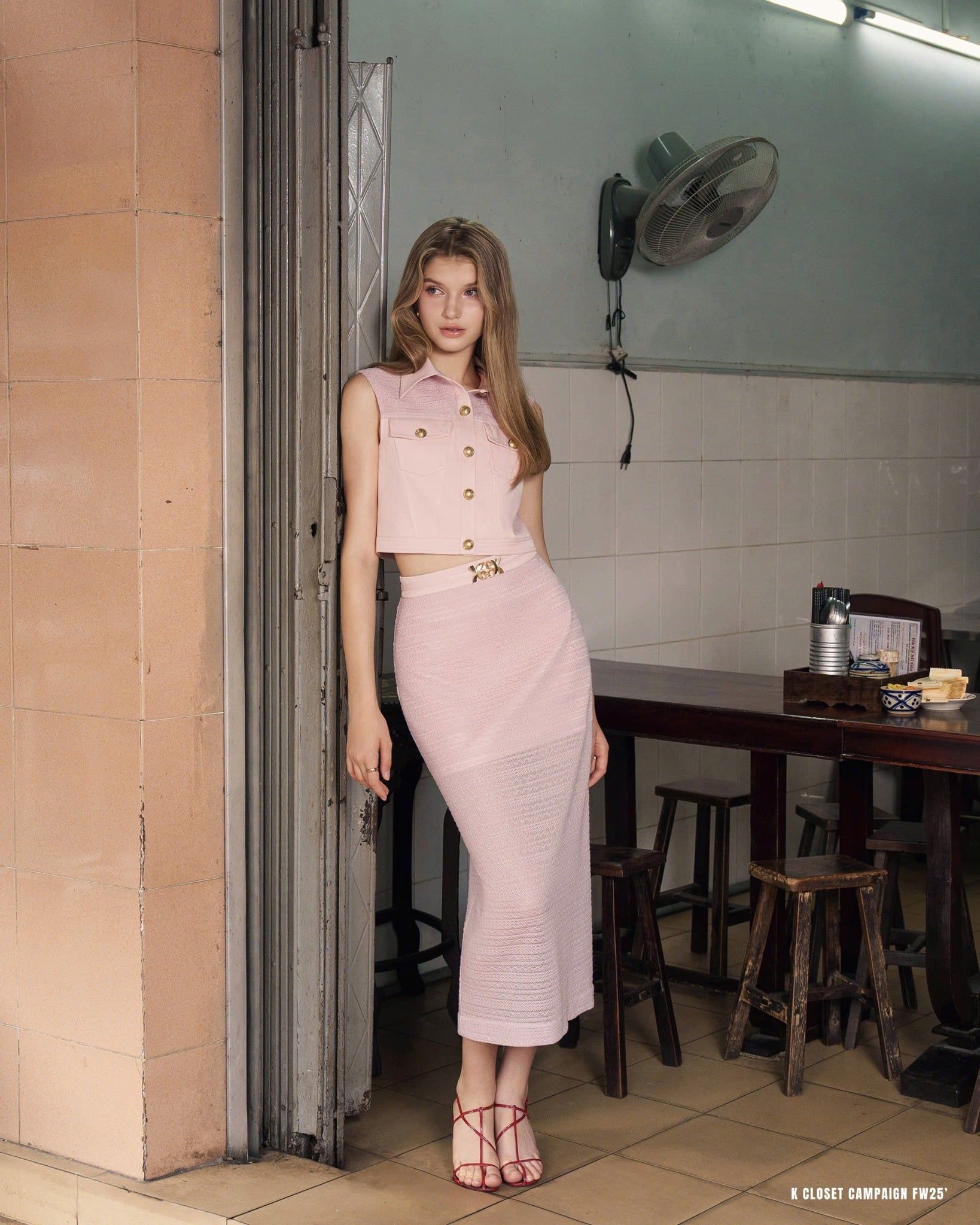  K Closet Set 2 Pieces Sleeveless Cropped Vest Top - Mesh Overlay Pencil Skirt 