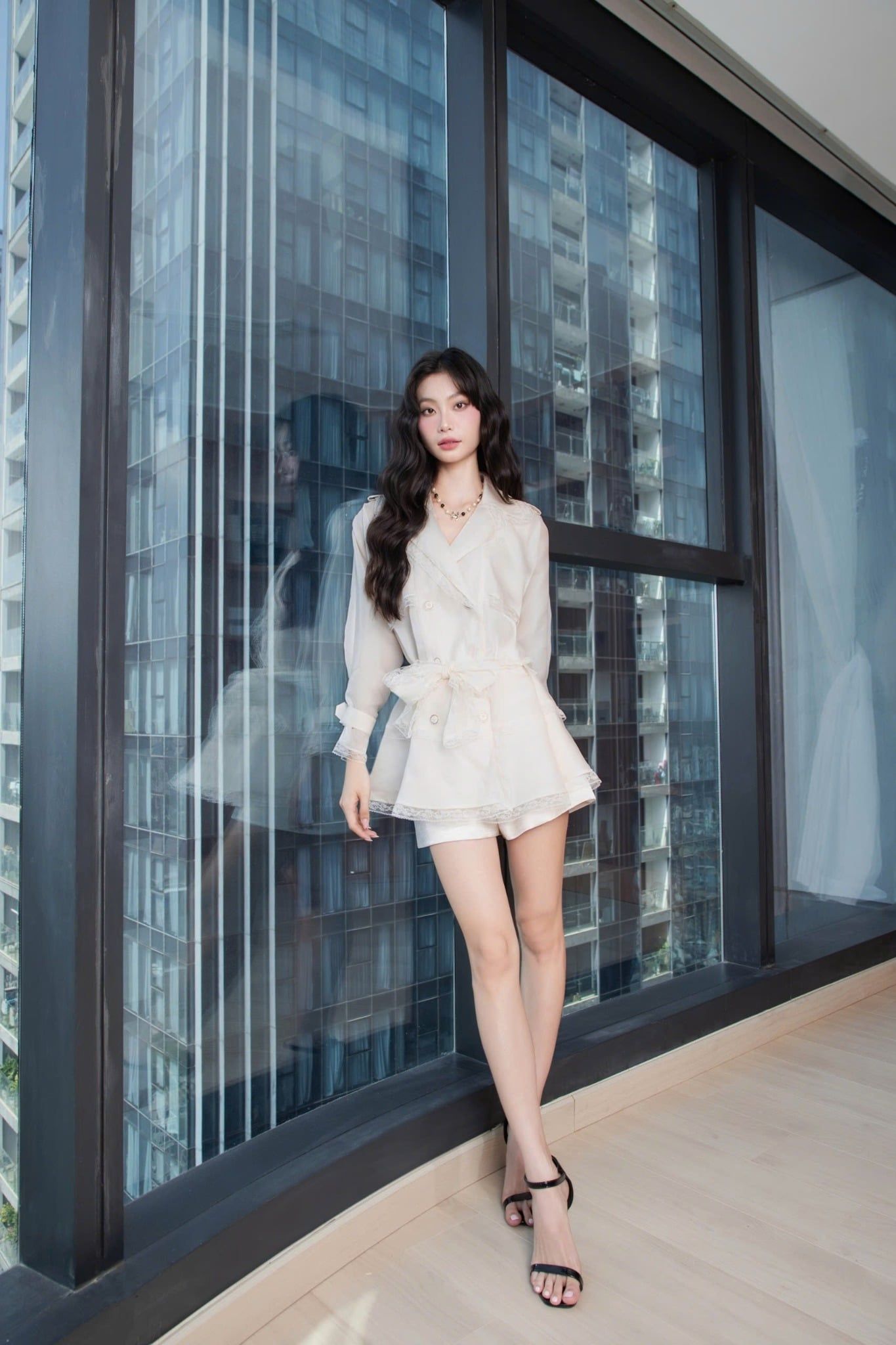  Wrap White Chiffon Lace-Trim Blazer Dress – K CLOSET 26 