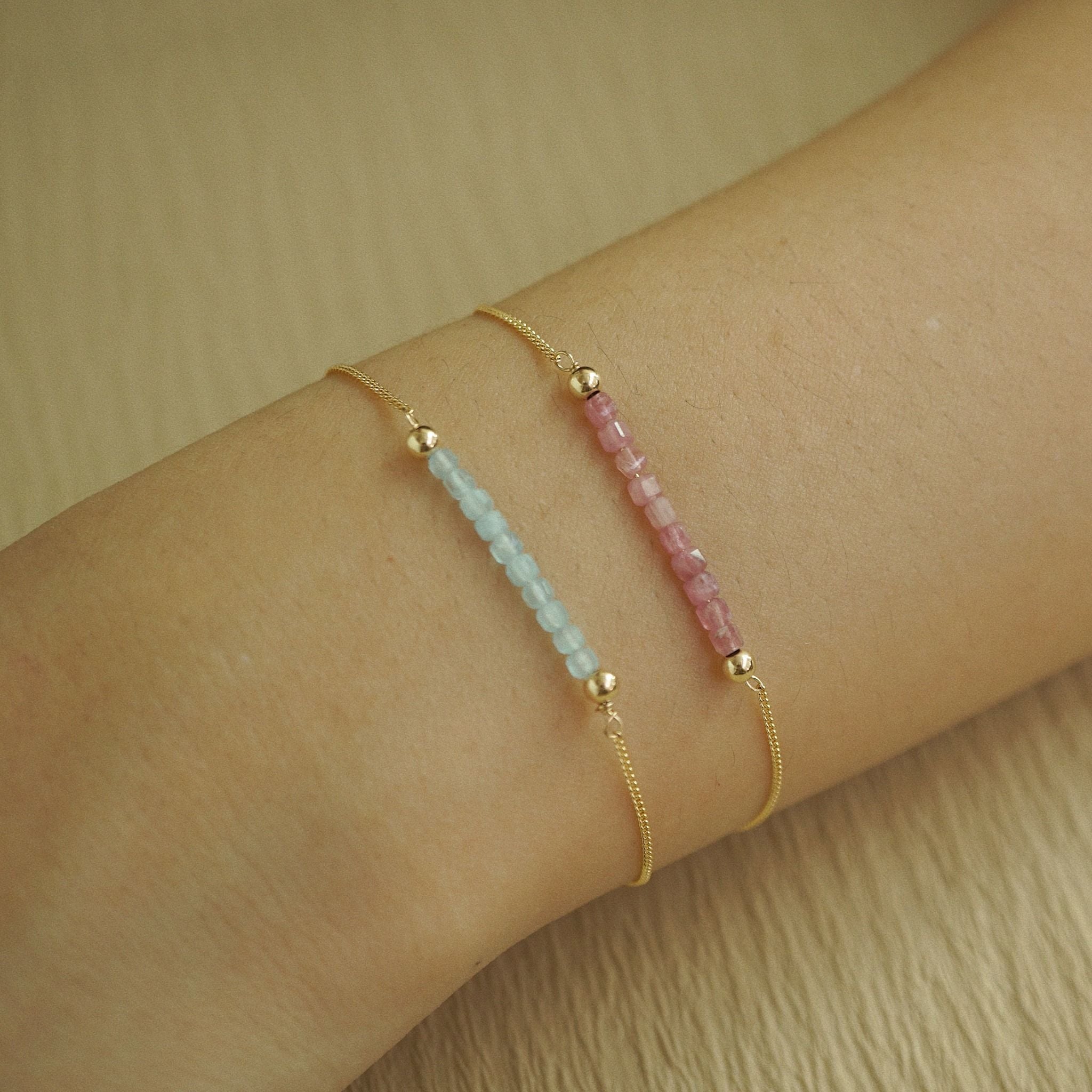  PINK TOURMALINE BEADED BAR MINI CURB BRACELET 
