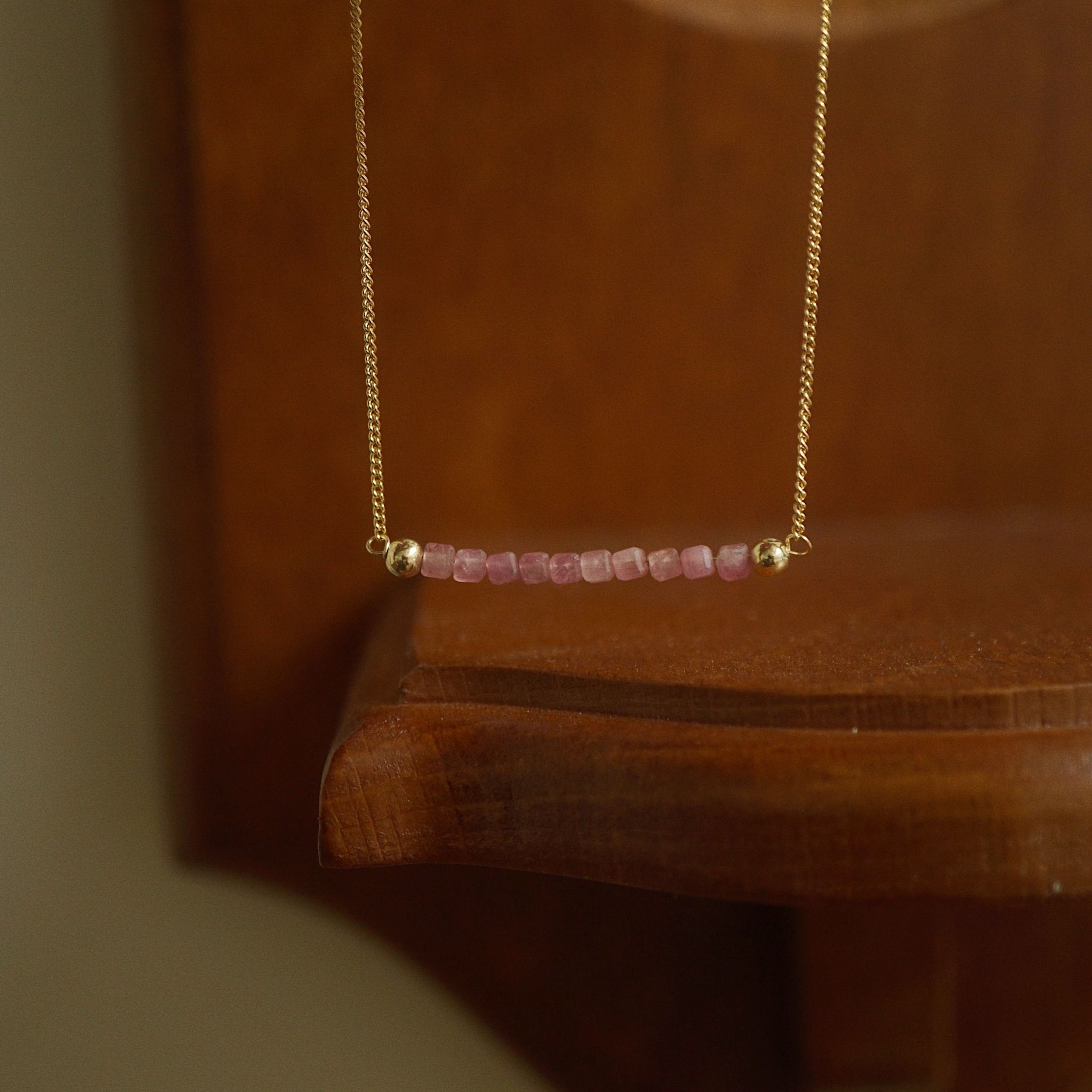  PINK TOURMALINE BEADED BAR MINI CURB BRACELET 