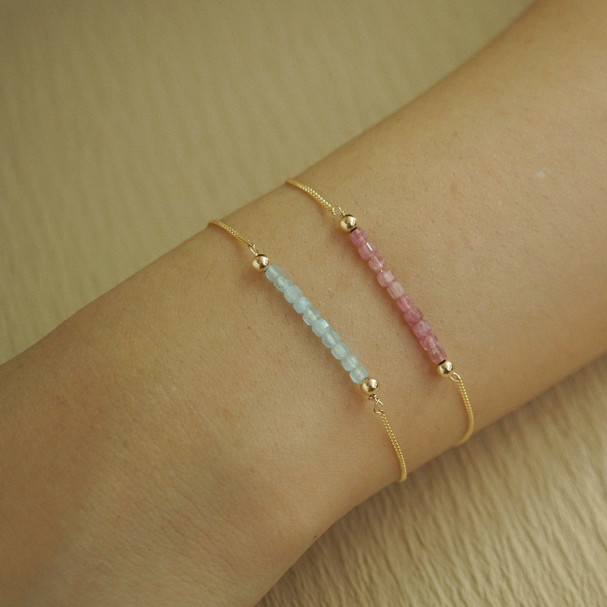  AQUAMARINE BEADED BAR MINI CURB BRACELET 