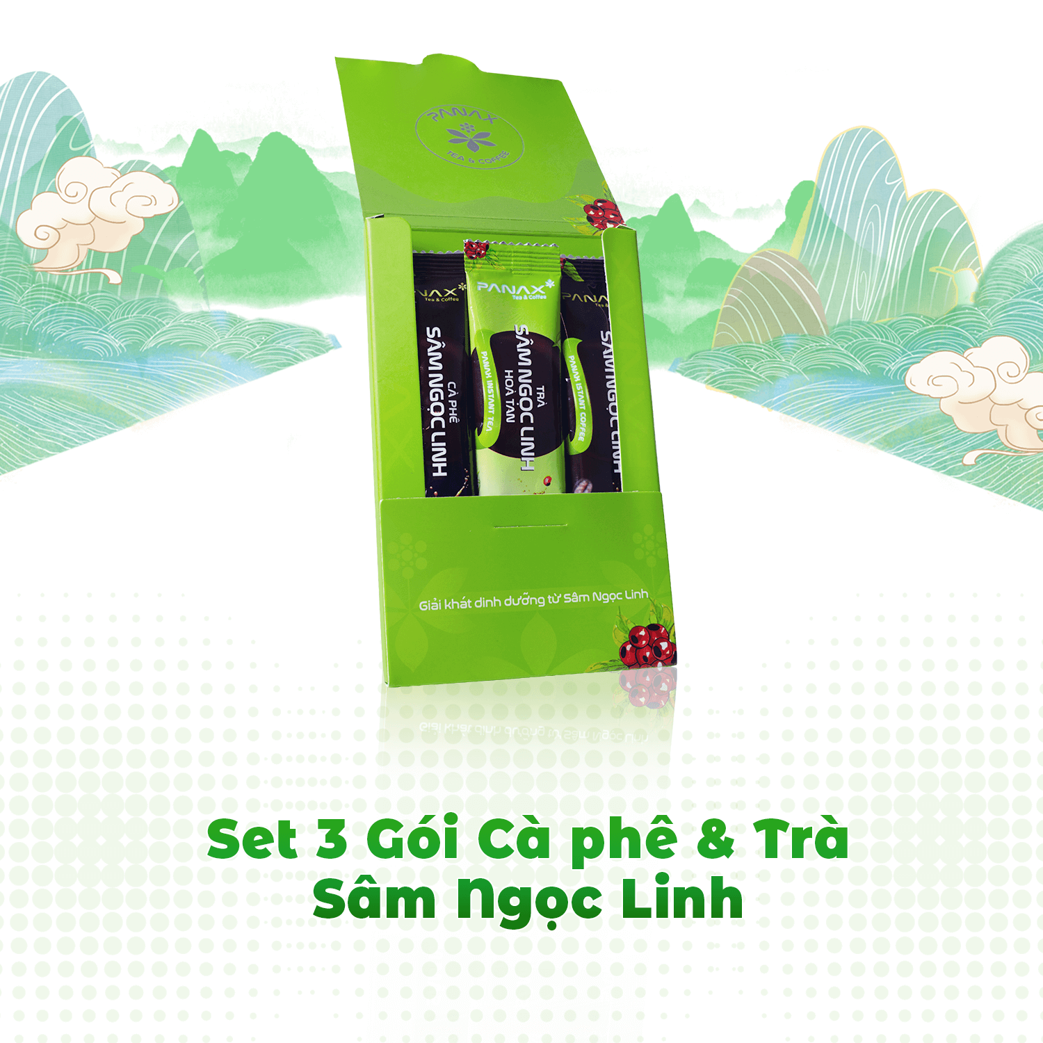  Set 2 Gói Cà phê + 1 gói Trà Sâm Ngọc Linh hòa tan 