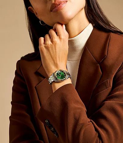 Đồng hồ Nữ Fossil Scarlette, 32MM, dây kim loại, màu Bạc , viền vàng, mặt xanh lá, thép không gỉ ES5388