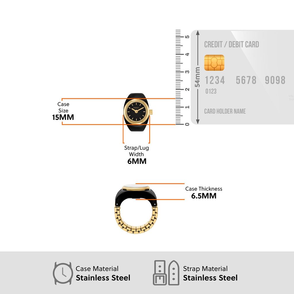 Nhẫn đồng hồ Nữ Fossil Watch Ring dây thép không gỉ 15 MM mặt  màu đen ES5413