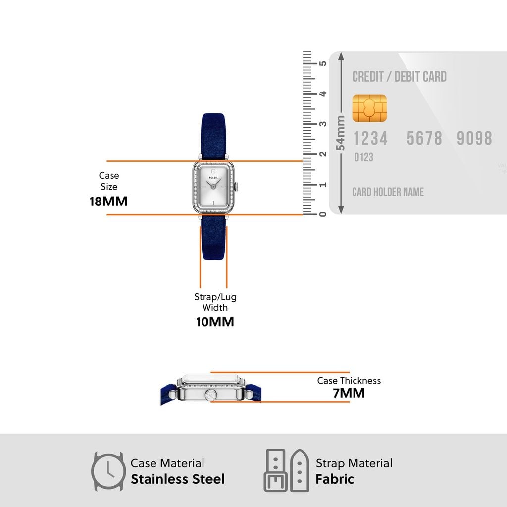 Đồng hồ Nữ Fossil Raquel, 18MM, dây da, màu xanh, mặt Bạc, thép không gỉ ES5436