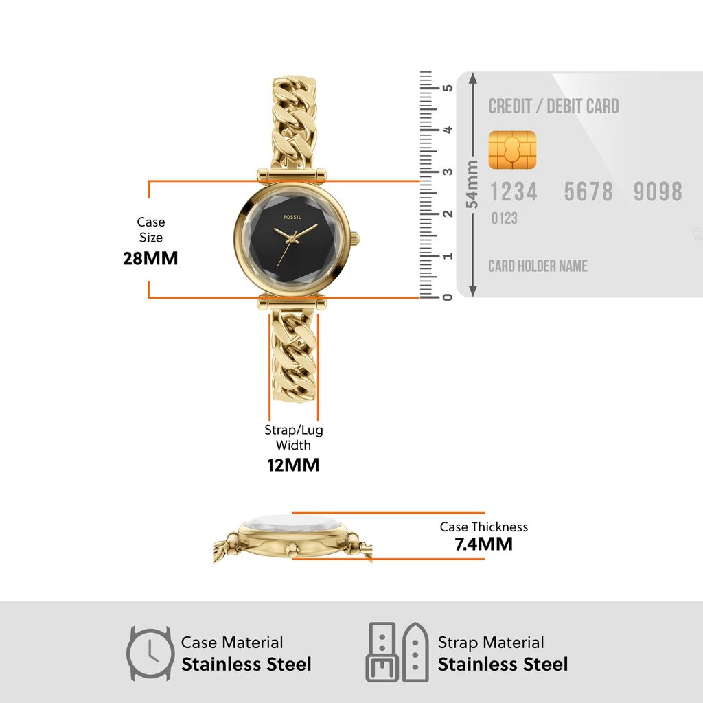 Đồng hồ Nữ Fossil Carlie dây kim loại, màu vàng, mặt  màu đen 28 MM ES5440