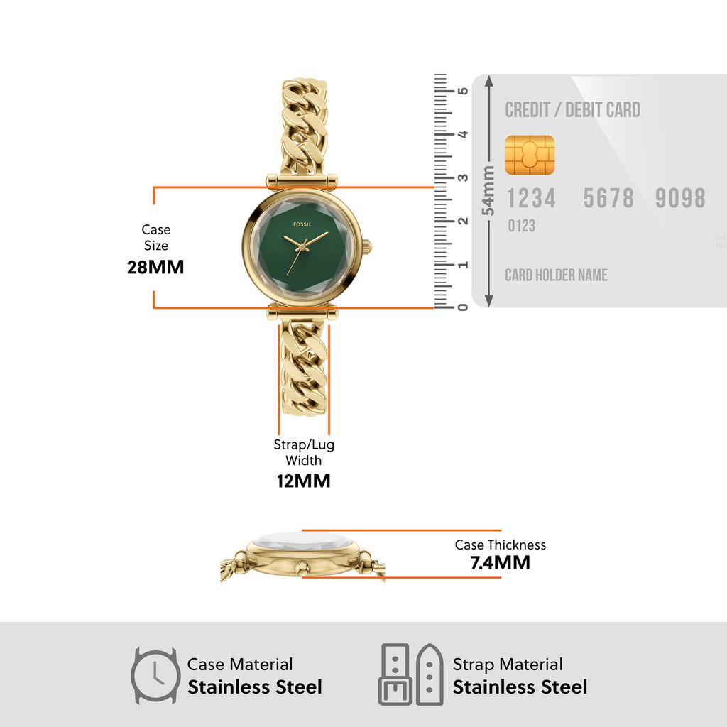 Đồng hồ Nữ Fossil Carlie dây kim loại, màu vàng, mặt  màu xanh lá  28 MM ES5441