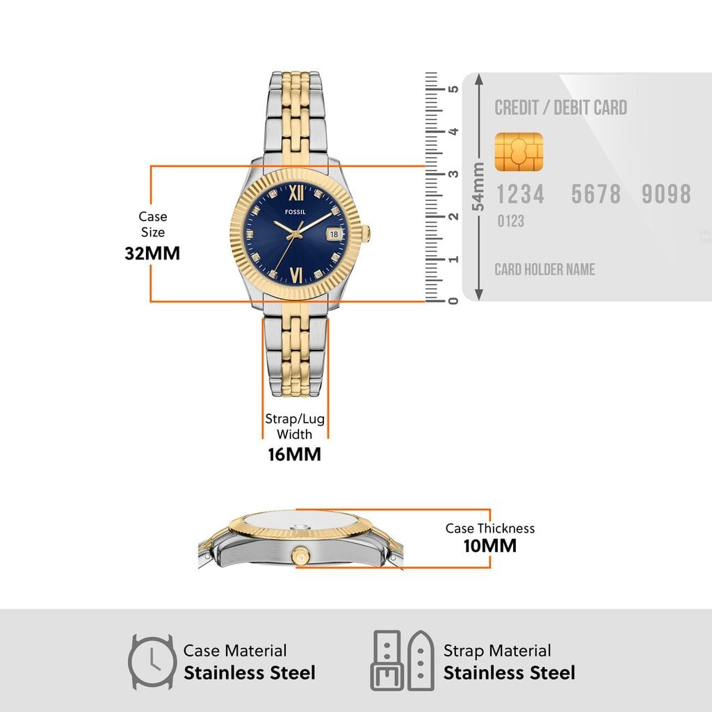 Đồng hồ Nữ Fossil Scarlette, 32MM, dây kim loại, màu Bạc , viền vàng, mặt xanh dương, thép không gỉ ES5443