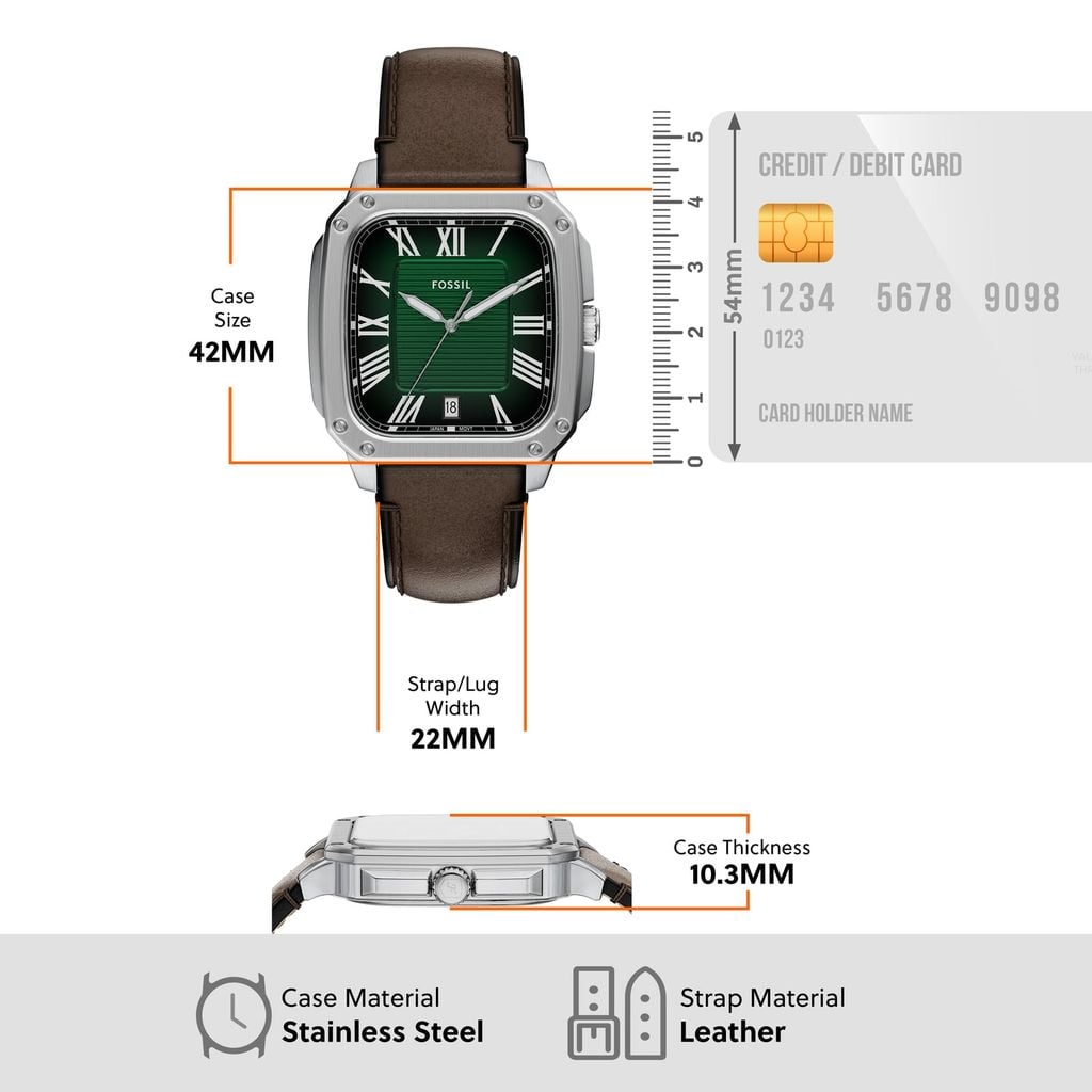 Đồng hồ Nam Crosby  - Mặt vuông dây Da màu Nâu mặt màu Xanh lá 42 MM FS6150