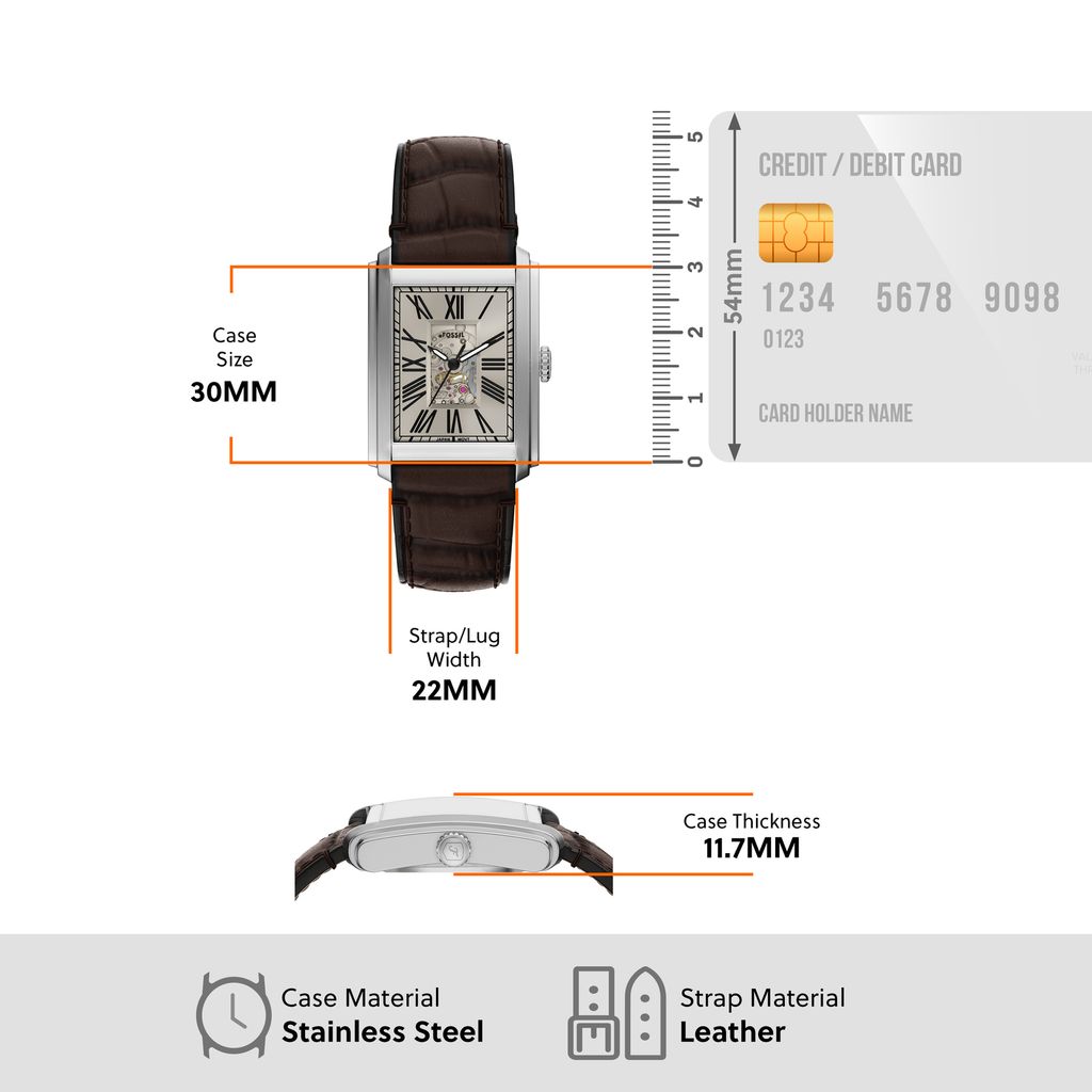 Đồng hồ Nam Fossil Carraway dây da, màu nâu, mặt vuông, 2 màu 28 MM ME3272