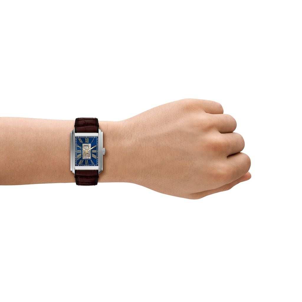 Đồng hồ Nam Fossil Carraway dây da, màu nâu, mặt vuông, màu xanh 28 MM ME3273