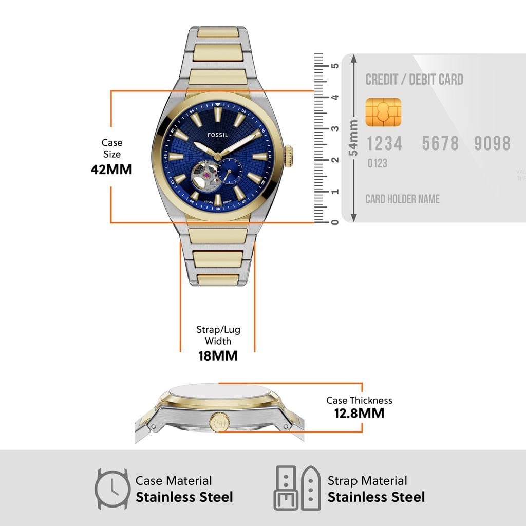 Đồng hồ Nam Fossil Everett dây kim loại, 2 màu, mặt  màu xanh 42 MM ME3275