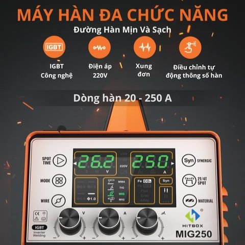 Máy hàn mig Hitbox MIG250II tích hợp MIG có khí, MIG không khí (gasless), MMA và Lift TIG