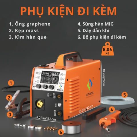 Máy hàn mig Hitbox MIG250II tích hợp MIG có khí, MIG không khí (gasless), MMA và Lift TIG