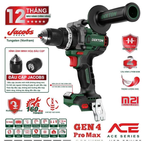 Máy khoan pin Dekton M21-ID13160PROMAX Lực siết siêu lớn 160Nm. Thế hệ (GEN 4) Phiên bản cao cấp