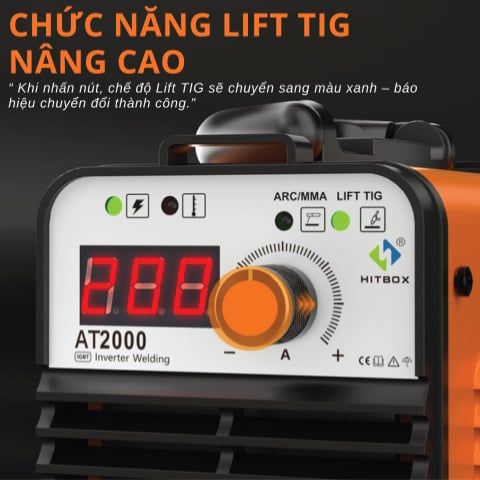 Máy hàn que Hitbox AT2000 hỗ trợ que hàn 1.6 – 3.2mm. Tích hợp hàn Lift TIG bằng núm vặn.