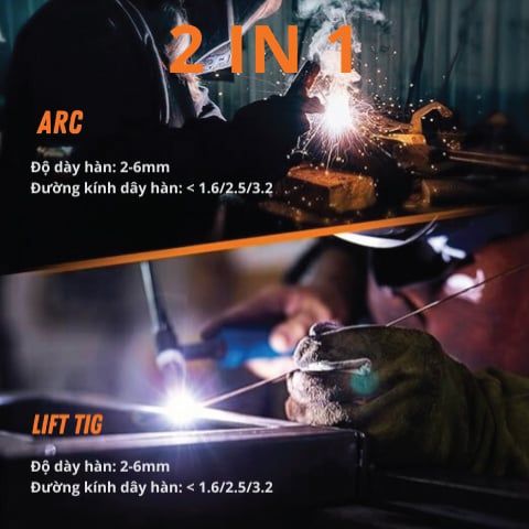Máy hàn que Hitbox AT2000 hỗ trợ que hàn 1.6 – 3.2mm. Tích hợp hàn Lift TIG bằng núm vặn.