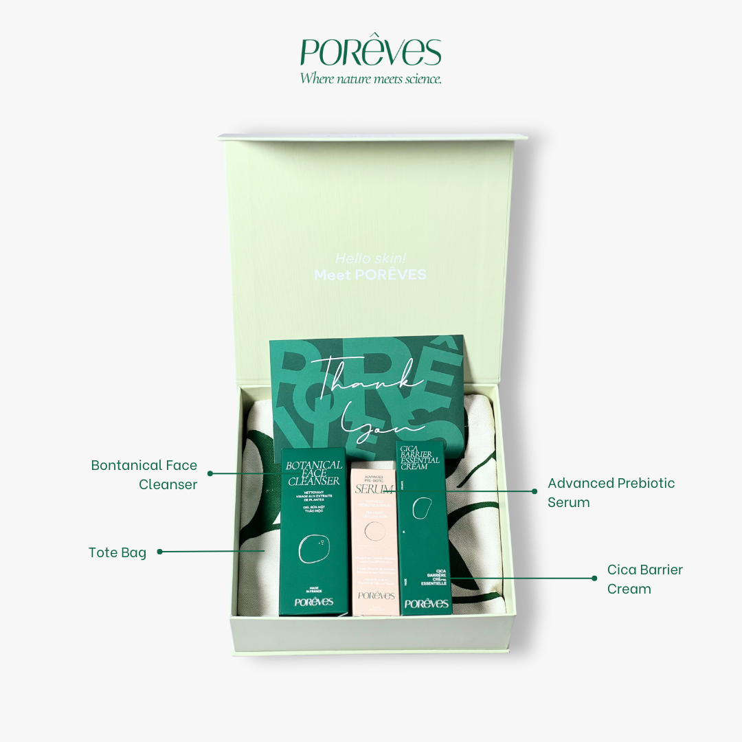  PORÊVES Hộp Quà Tặng Trọn Bộ Chăm Sóc Da Nhạy Cảm Gel Rửa Mặt Thảo Mộc 50ml Serum Prebiotic 30ml & Cream Dưỡng Ẩm 50ml Combo Full Routine Pháp 